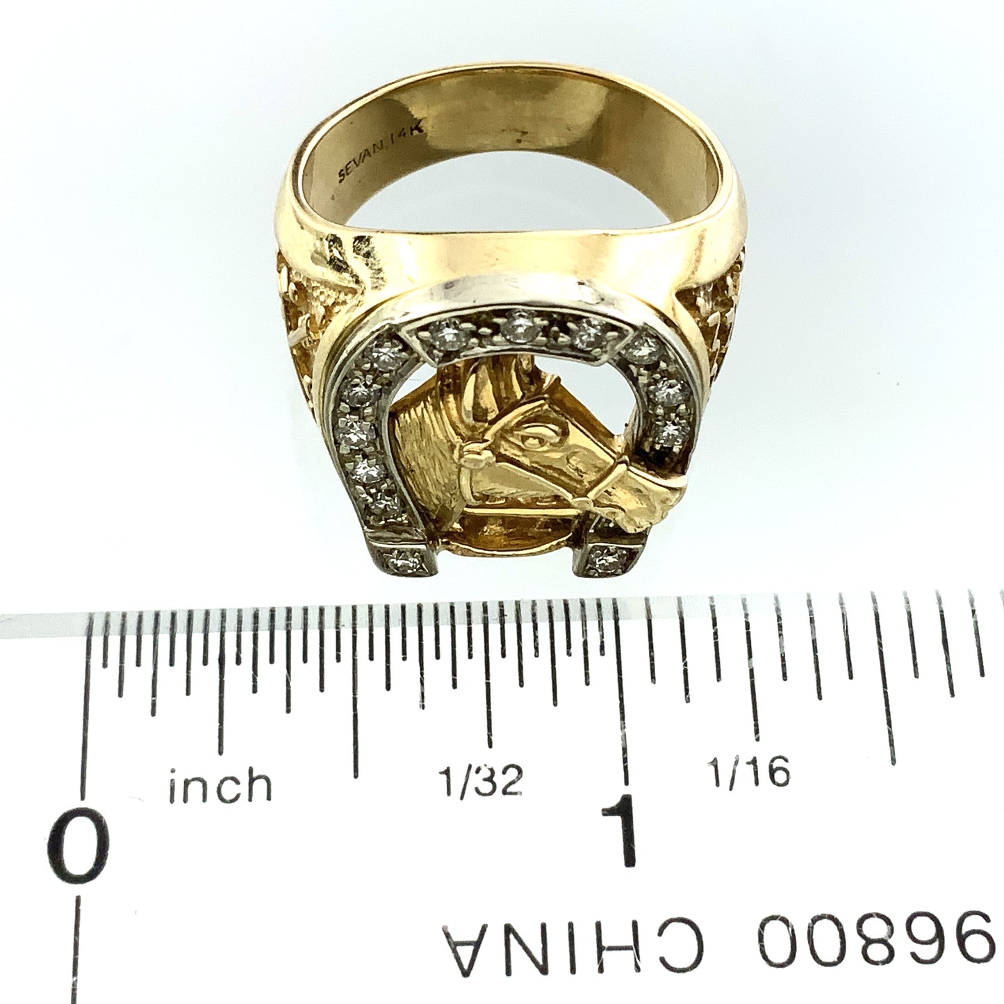 14K Yellow Gold Luck Horseshoe and Horse Head with 14 Diamonds .28 Total Carats Ring Size 9 AU360