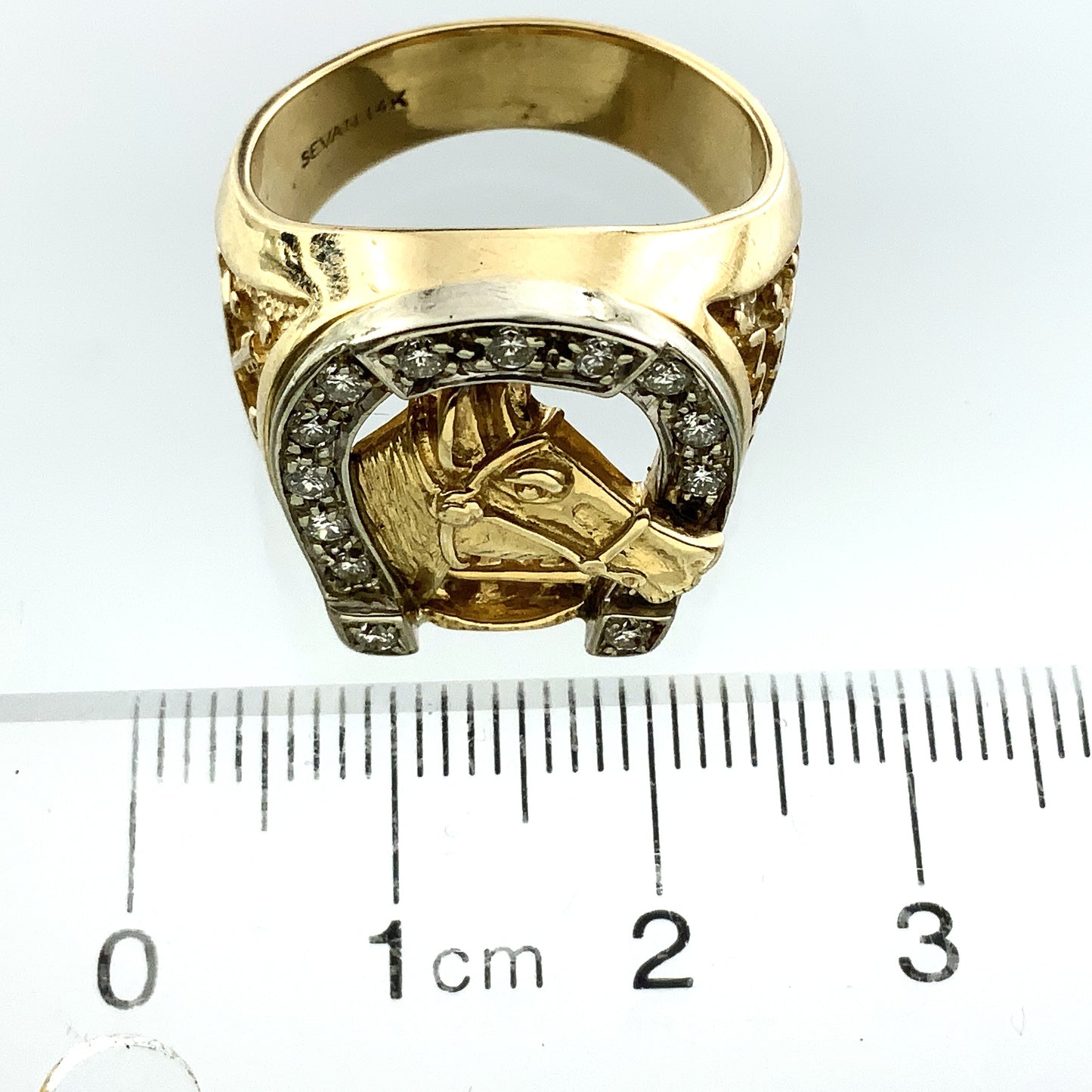 14K Yellow Gold Luck Horseshoe and Horse Head with 14 Diamonds .28 Total Carats Ring Size 9 AU360
