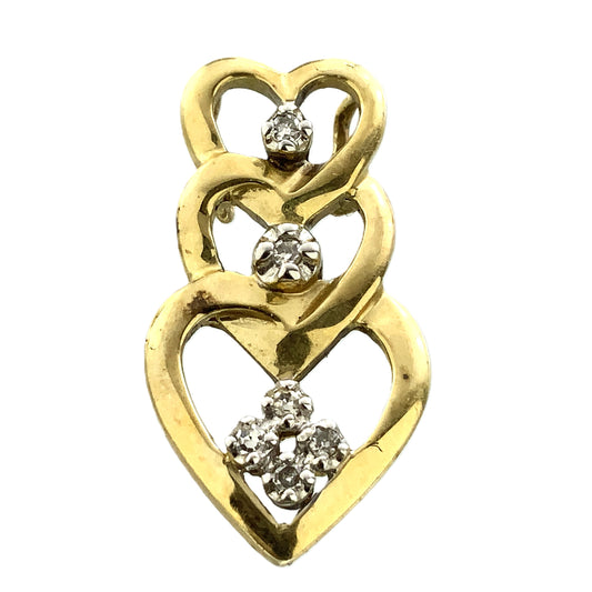 10K Yellow Gold Triple Hearts .12 Total Carats Diamond Necklace Charm Pendant AU362