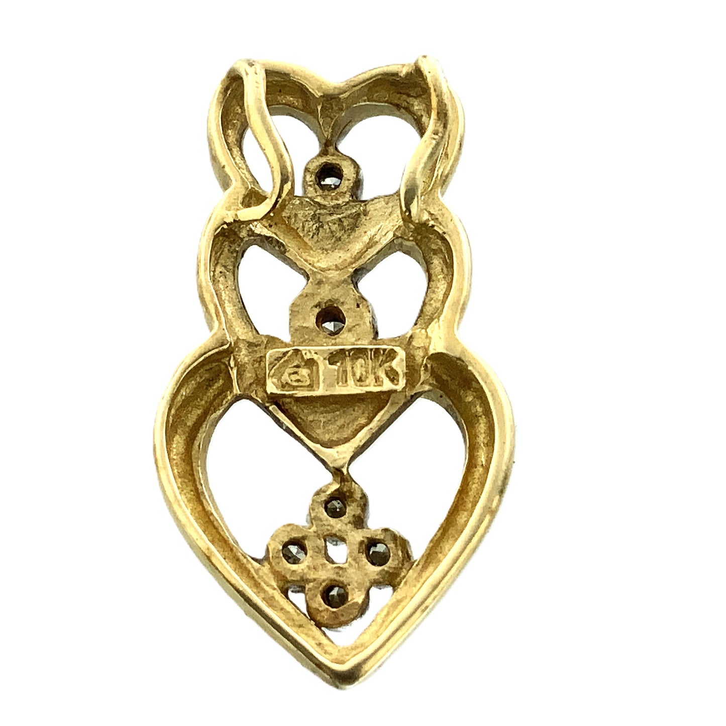 10K Yellow Gold Triple Hearts .12 Total Carats Diamond Necklace Charm Pendant AU362