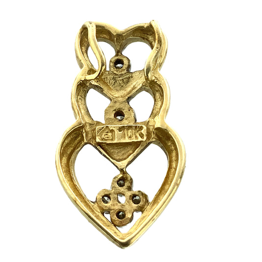 10K Yellow Gold Triple Hearts .12 Total Carats Diamond Necklace Charm Pendant AU362