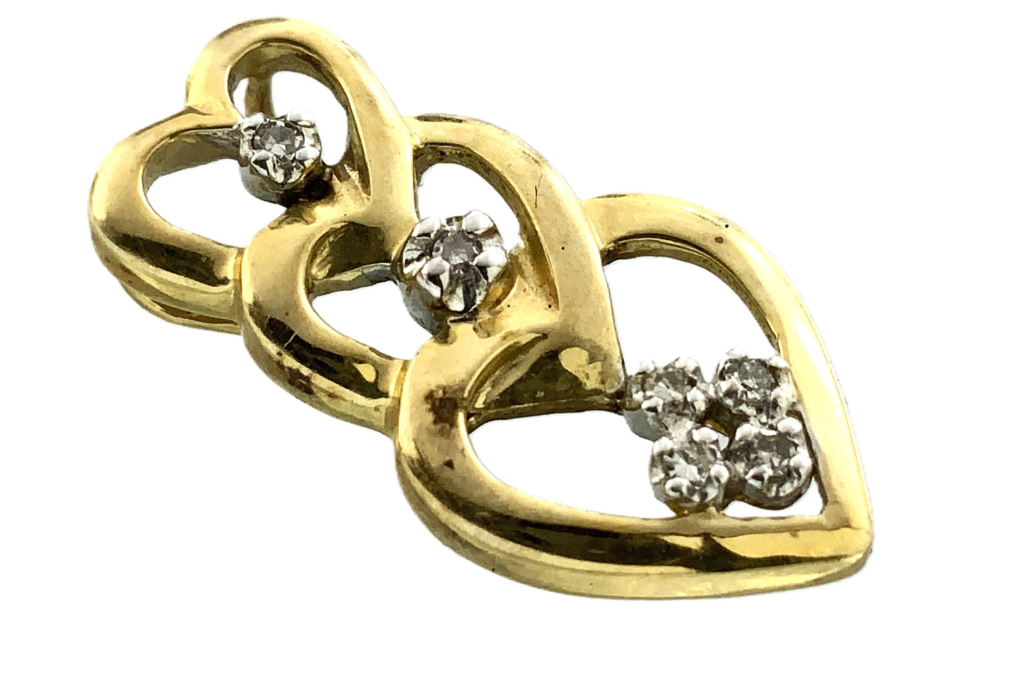 10K Yellow Gold Triple Hearts .12 Total Carats Diamond Necklace Charm Pendant AU362