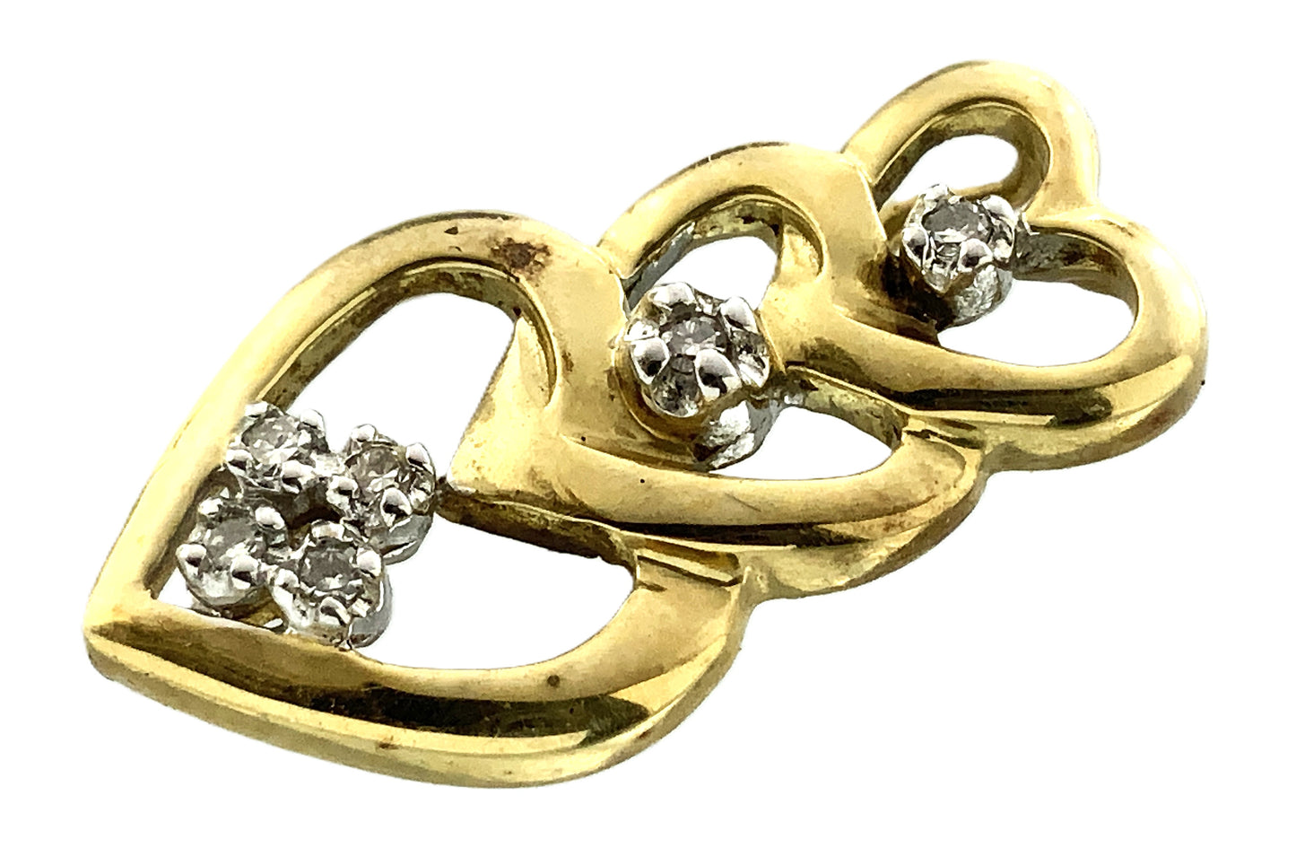10K Yellow Gold Triple Hearts .12 Total Carats Diamond Necklace Charm Pendant AU362