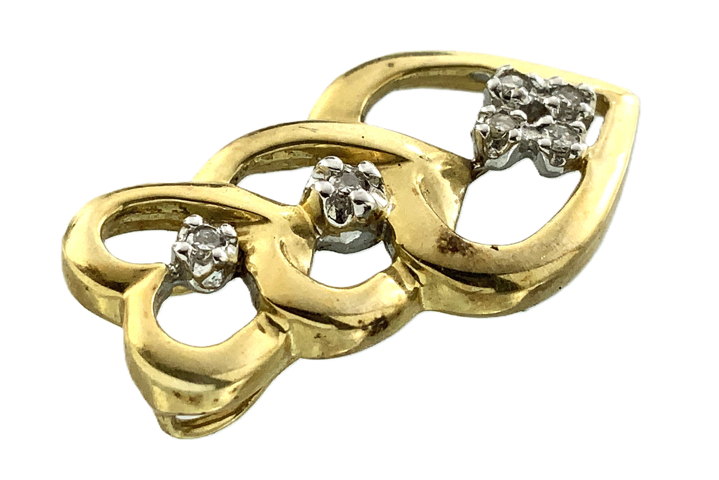 10K Yellow Gold Triple Hearts .12 Total Carats Diamond Necklace Charm Pendant AU362