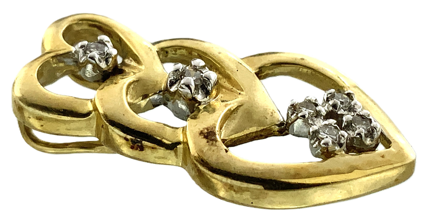 10K Yellow Gold Triple Hearts .12 Total Carats Diamond Necklace Charm Pendant AU362