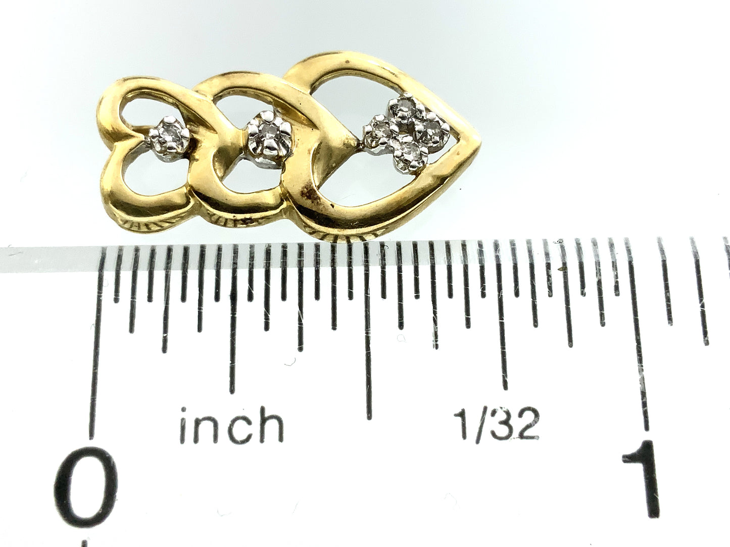 10K Yellow Gold Triple Hearts .12 Total Carats Diamond Necklace Charm Pendant AU362