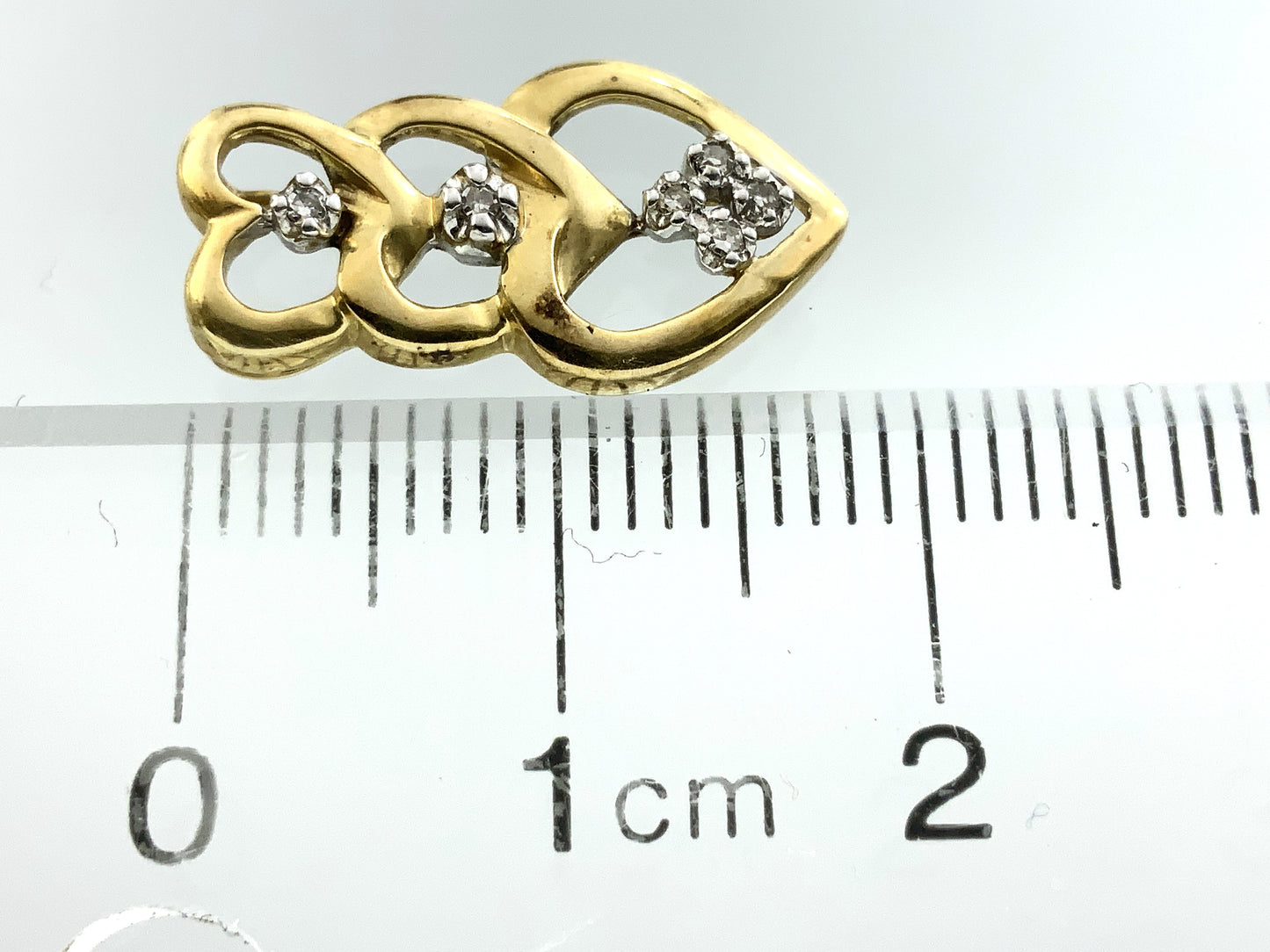 10K Yellow Gold Triple Hearts .12 Total Carats Diamond Necklace Charm Pendant AU362