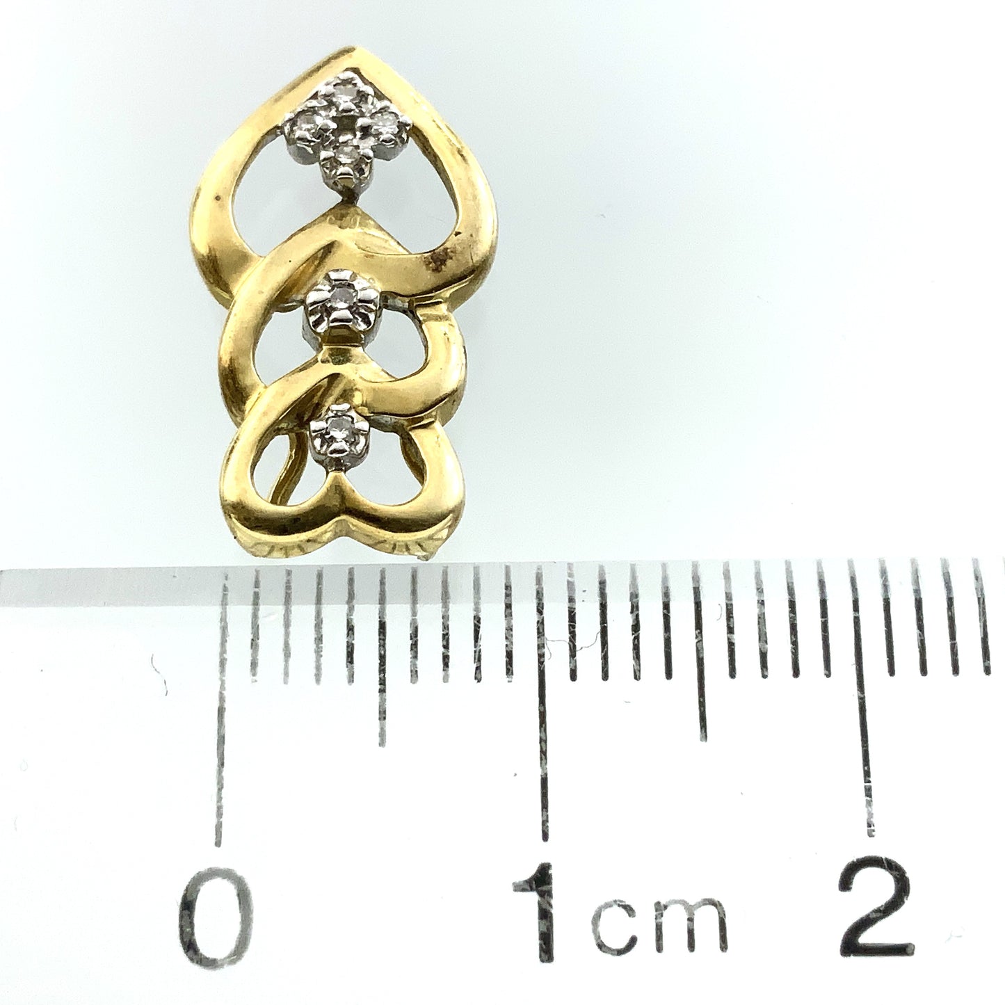 10K Yellow Gold Triple Hearts .12 Total Carats Diamond Necklace Charm Pendant AU362