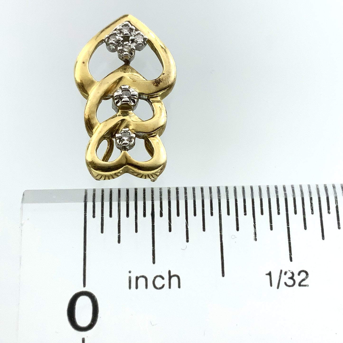 10K Yellow Gold Triple Hearts .12 Total Carats Diamond Necklace Charm Pendant AU362