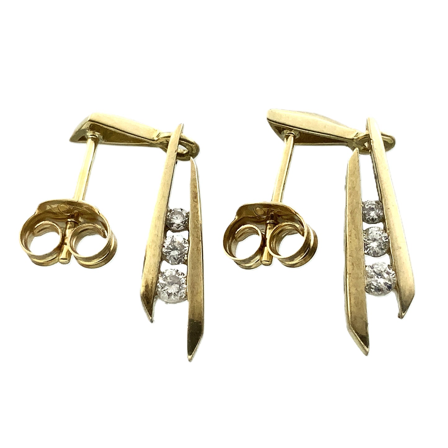 10K Yellow Gold 3 Graduated Clear Stone in Mordern Vertical Bars Stud .10 Total Carats Diamond Earrings AU379