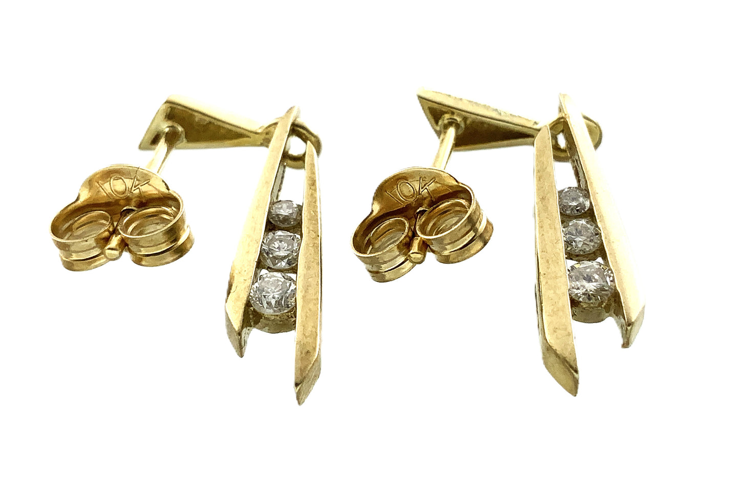 10K Yellow Gold 3 Graduated Clear Stone in Mordern Vertical Bars Stud .10 Total Carats Diamond Earrings AU379