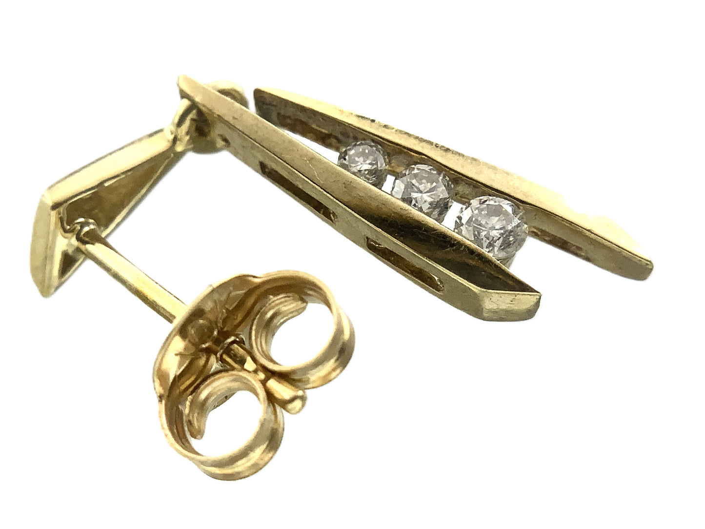 10K Yellow Gold 3 Graduated Clear Stone in Mordern Vertical Bars Stud .10 Total Carats Diamond Earrings AU379