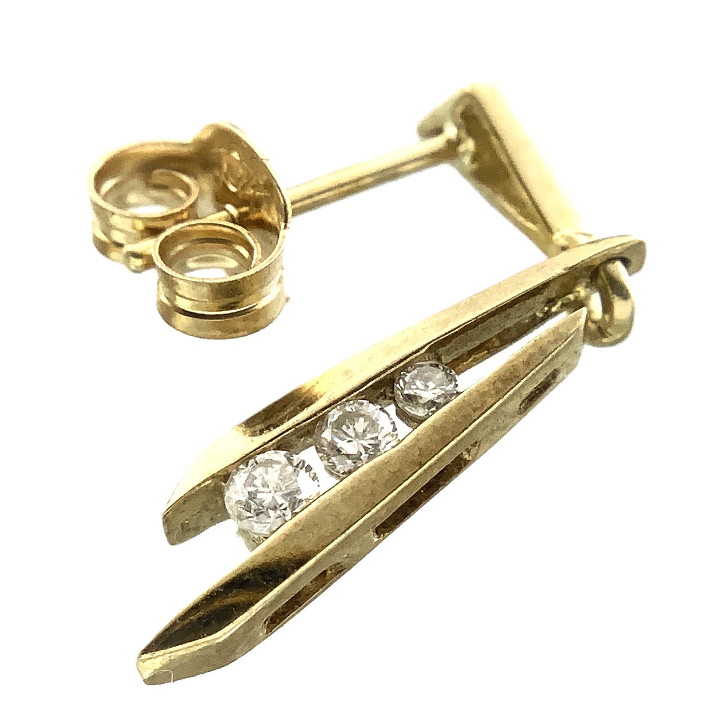 10K Yellow Gold 3 Graduated Clear Stone in Mordern Vertical Bars Stud .10 Total Carats Diamond Earrings AU379