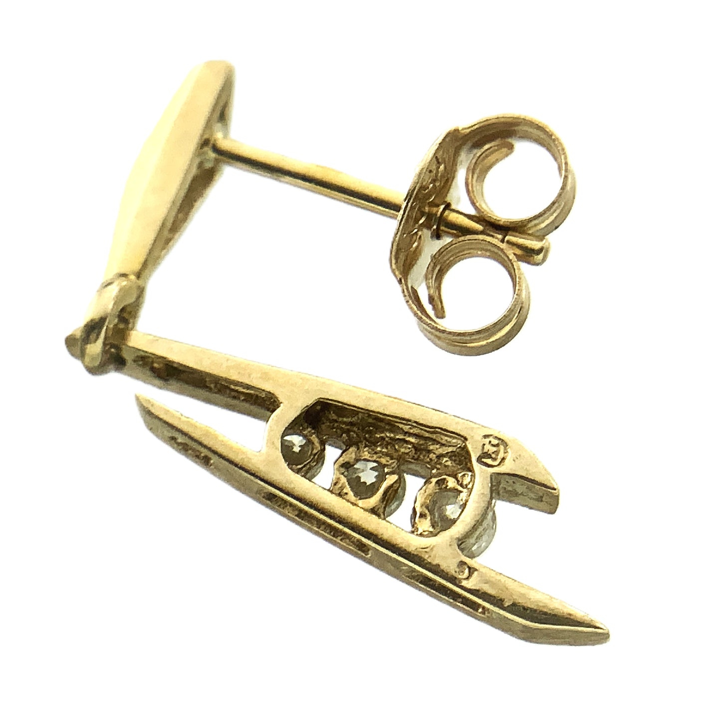 10K Yellow Gold 3 Graduated Clear Stone in Mordern Vertical Bars Stud .10 Total Carats Diamond Earrings AU379