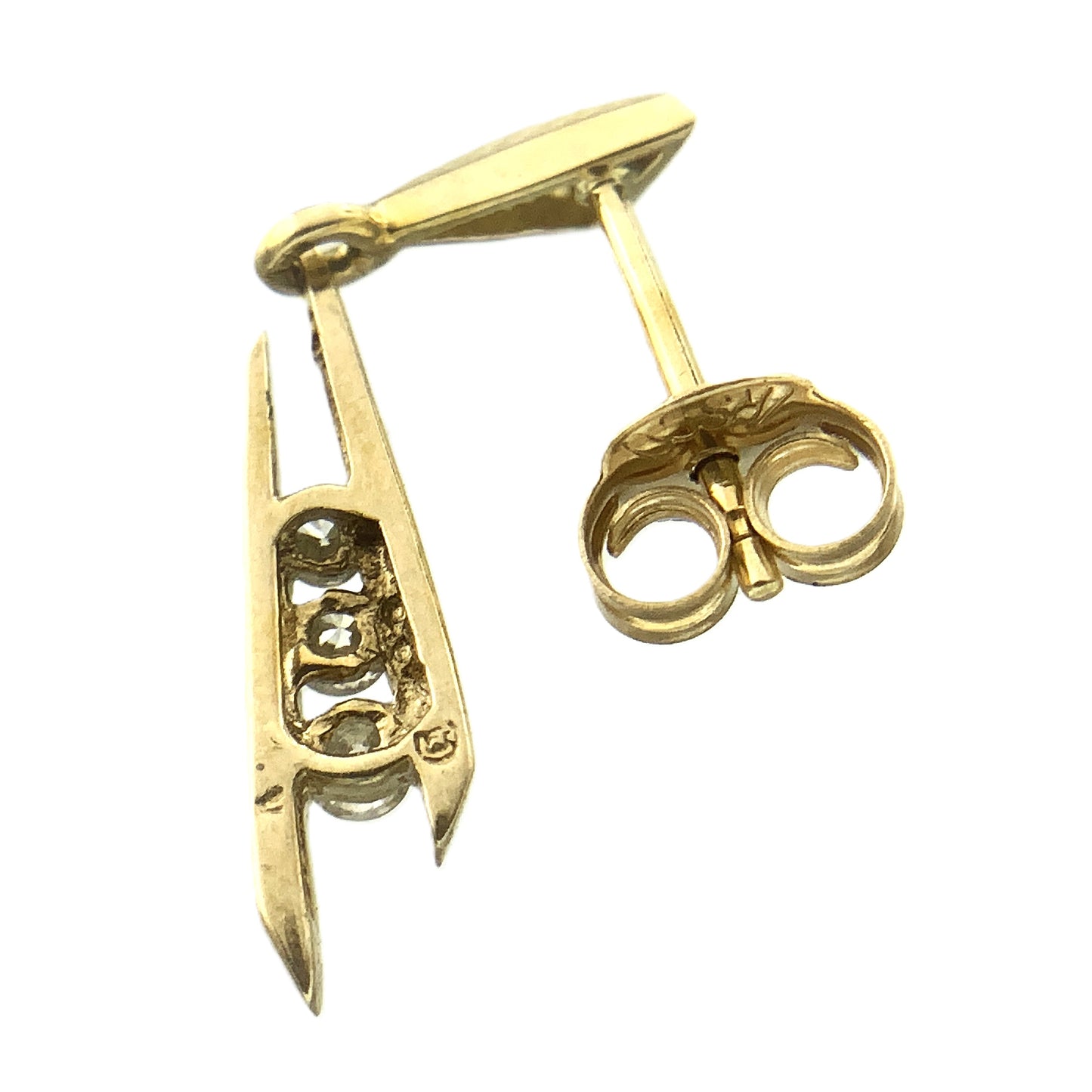 10K Yellow Gold 3 Graduated Clear Stone in Mordern Vertical Bars Stud .10 Total Carats Diamond Earrings AU379
