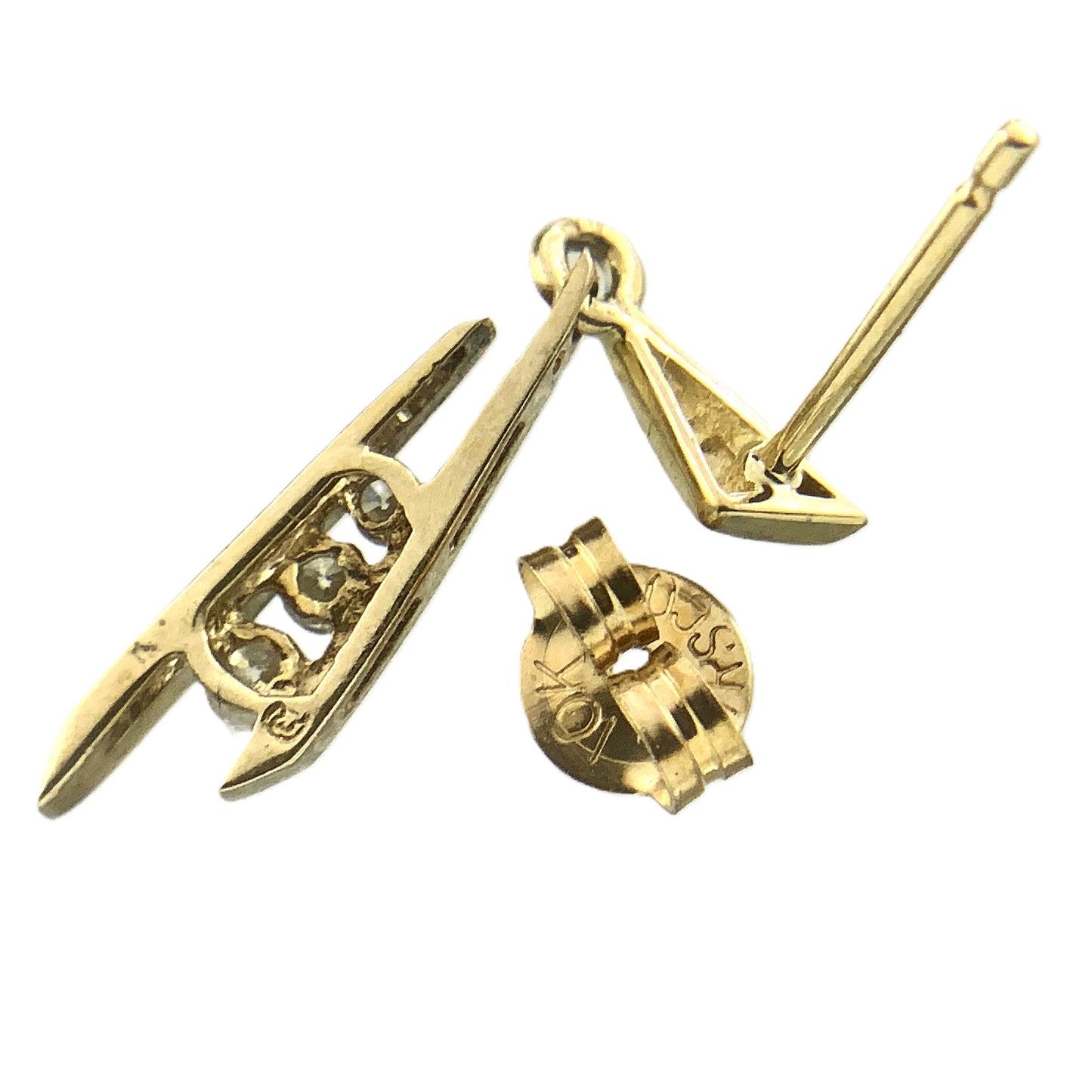 10K Yellow Gold 3 Graduated Clear Stone in Mordern Vertical Bars Stud .10 Total Carats Diamond Earrings AU379