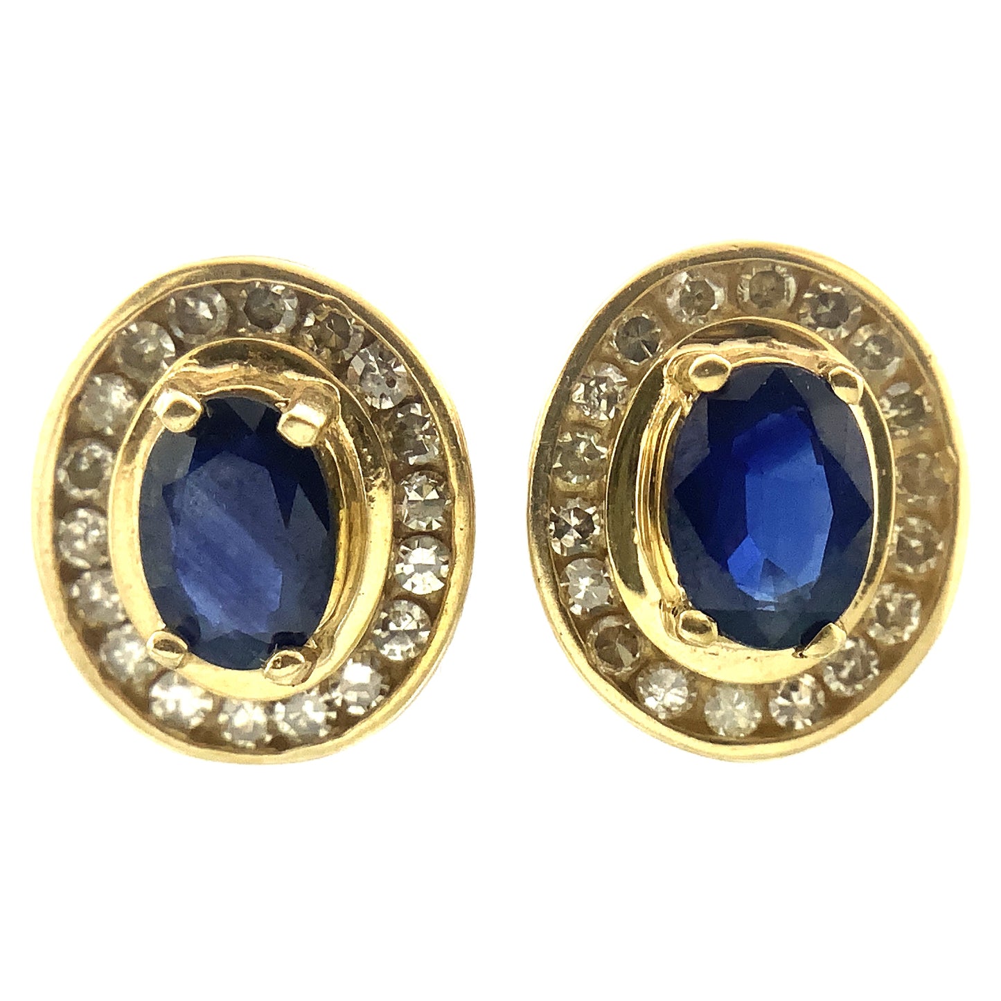 10K Yellow Gold Oval Cut Blue Sapphire and .36 Total Carats Diamonds Halo Stud Earrings AU377