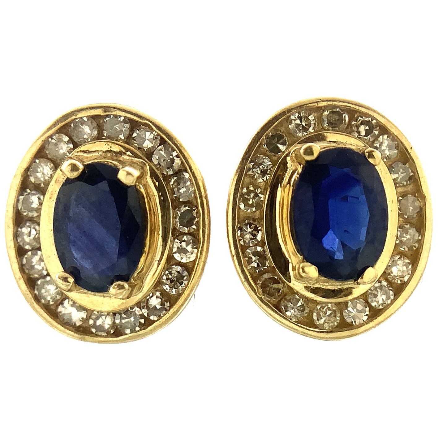 10K Yellow Gold Oval Cut Blue Sapphire and .36 Total Carats Diamonds Halo Stud Earrings AU377