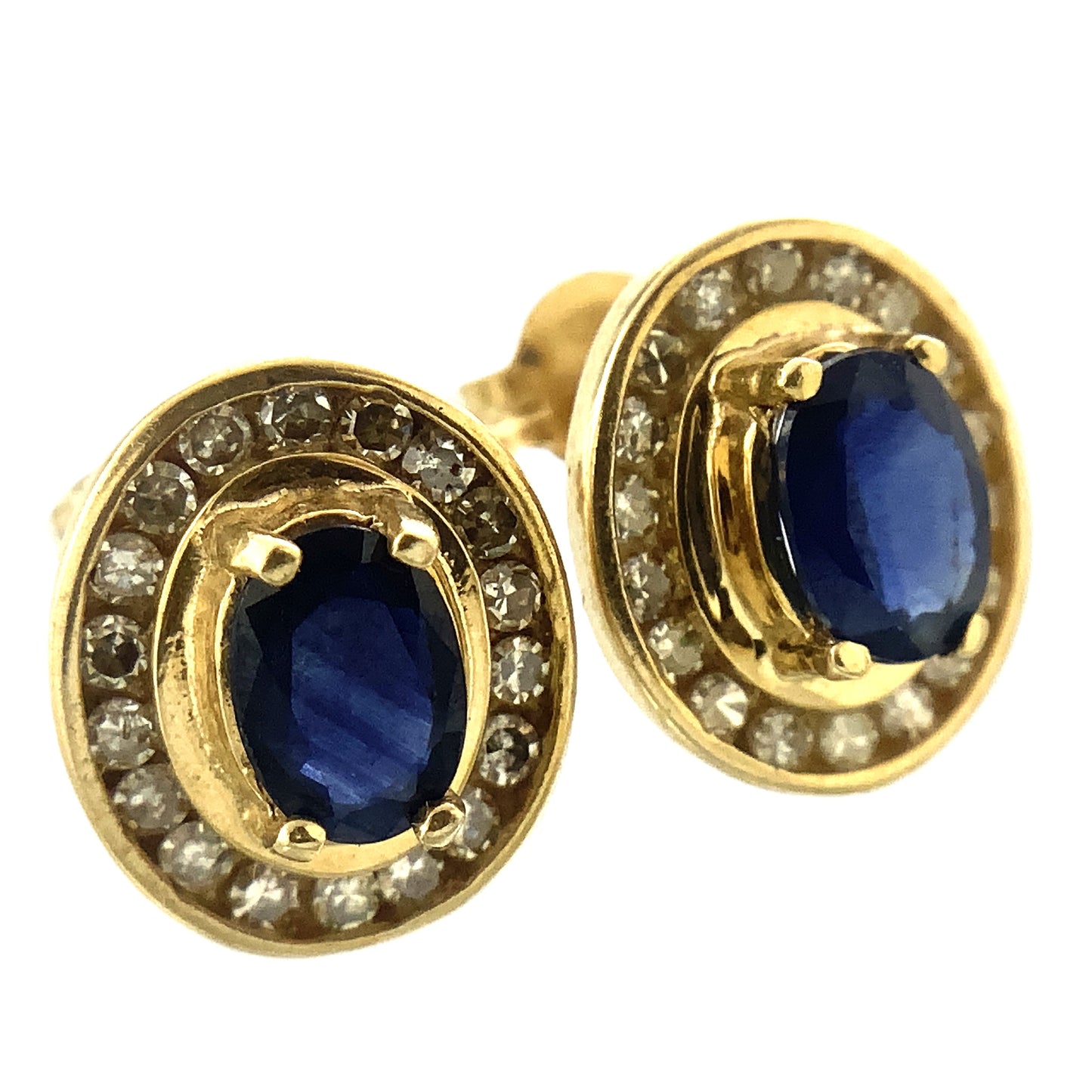 10K Yellow Gold Oval Cut Blue Sapphire and .36 Total Carats Diamonds Halo Stud Earrings AU377