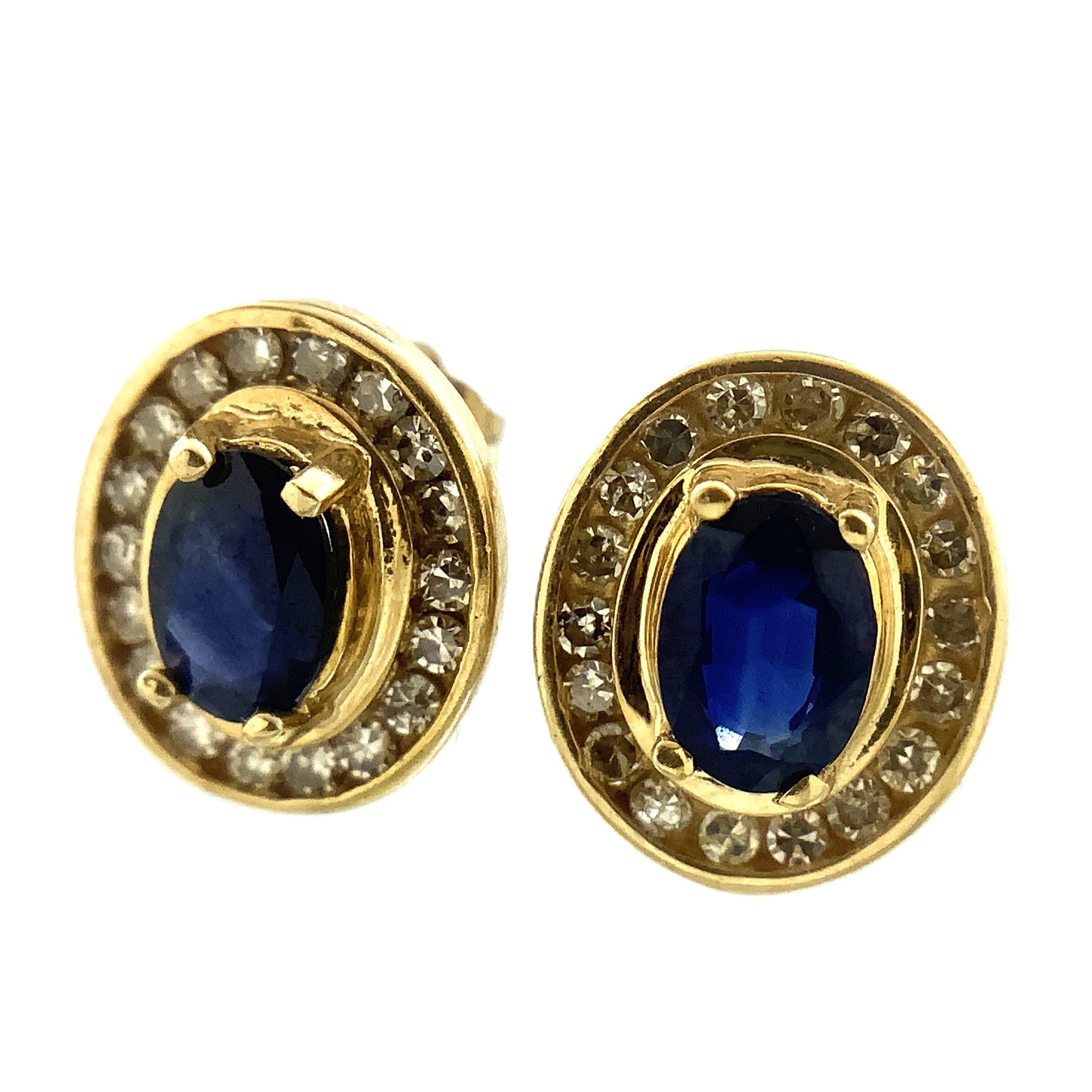 10K Yellow Gold Oval Cut Blue Sapphire and .36 Total Carats Diamonds Halo Stud Earrings AU377