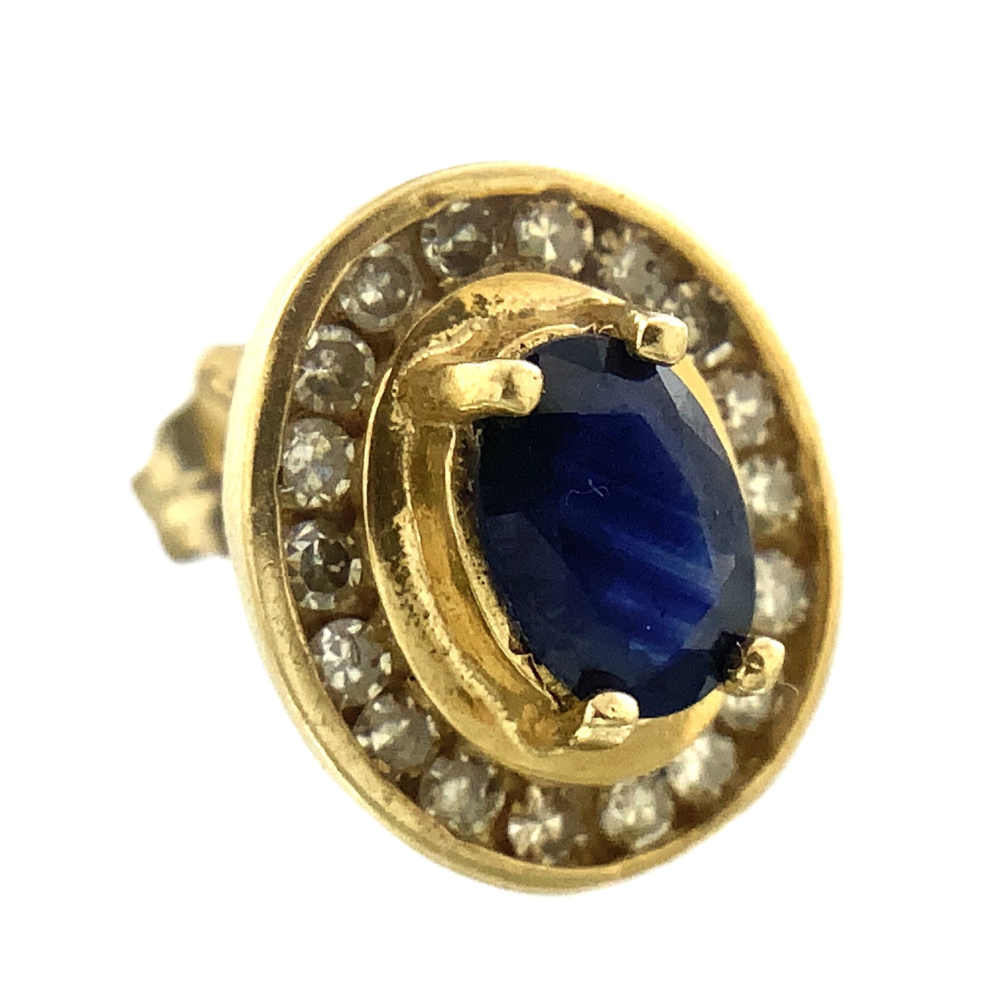 10K Yellow Gold Oval Cut Blue Sapphire and .36 Total Carats Diamonds Halo Stud Earrings AU377