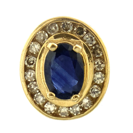 10K Yellow Gold Oval Cut Blue Sapphire and .36 Total Carats Diamonds Halo Stud Earrings AU377
