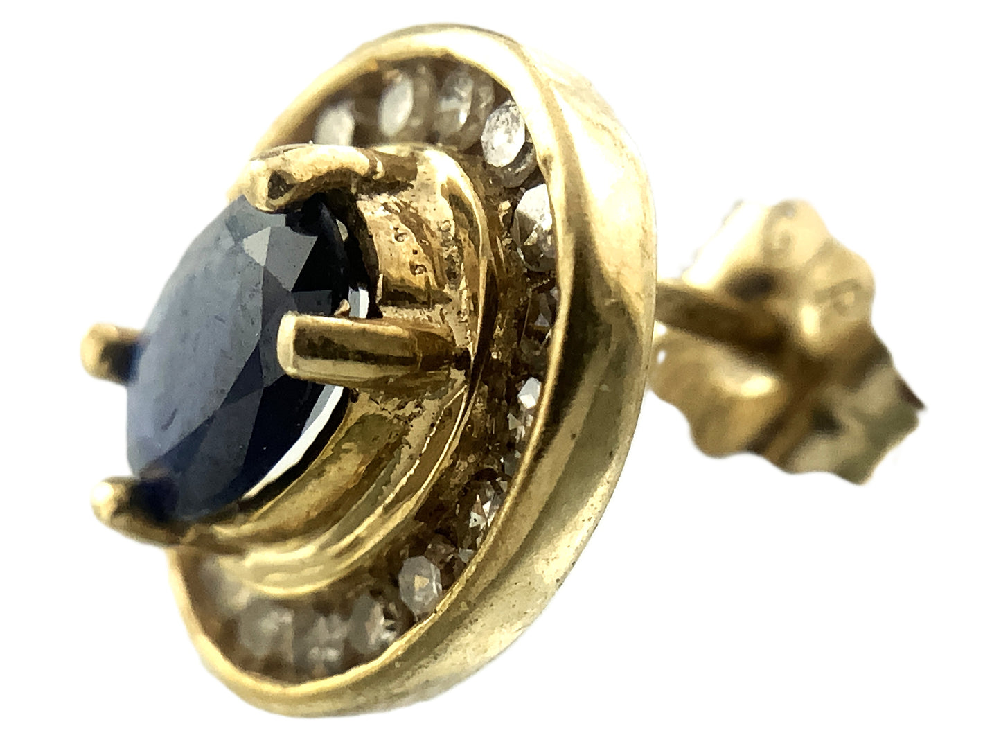 10K Yellow Gold Oval Cut Blue Sapphire and .36 Total Carats Diamonds Halo Stud Earrings AU377