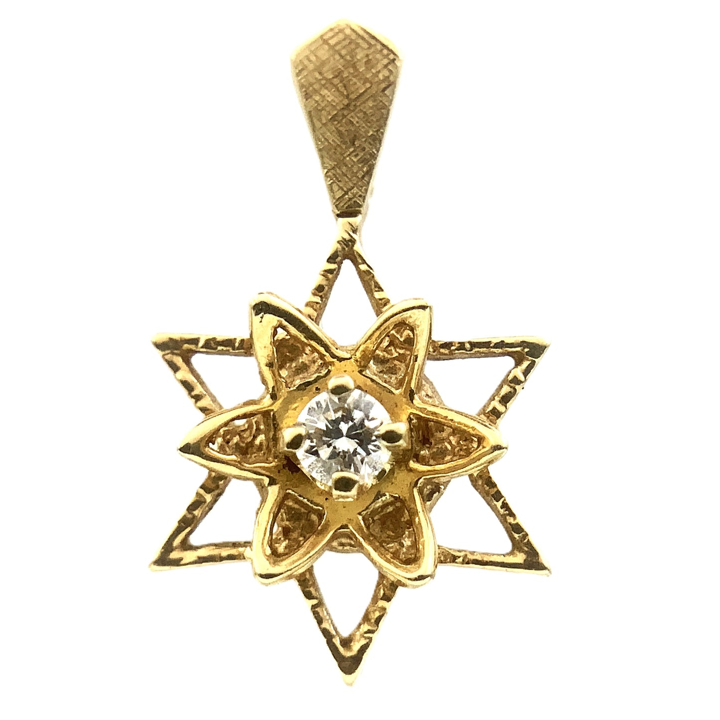14K Yellow Gold Star of David with a Central Round .05 Carat Diamond Necklace Charm Pendant AU376