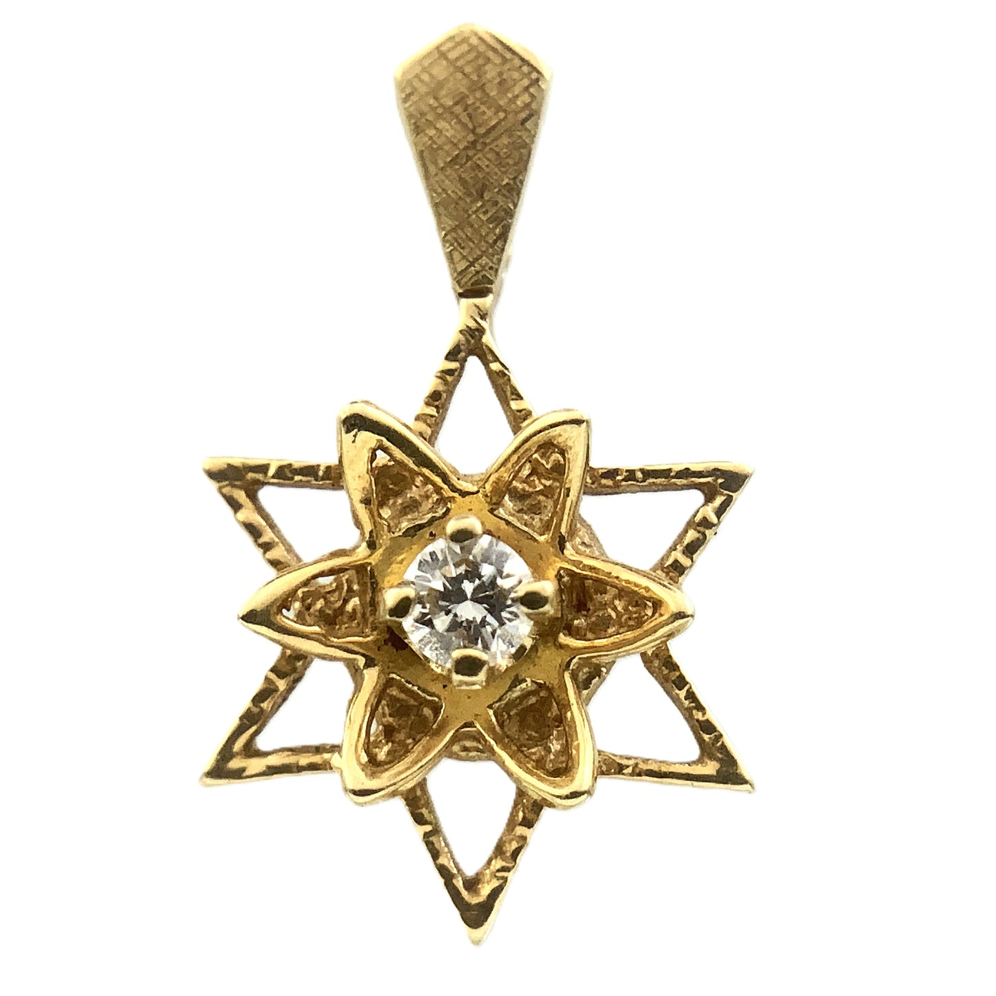 14K Yellow Gold Star of David with a Central Round .05 Carat Diamond Necklace Charm Pendant AU376