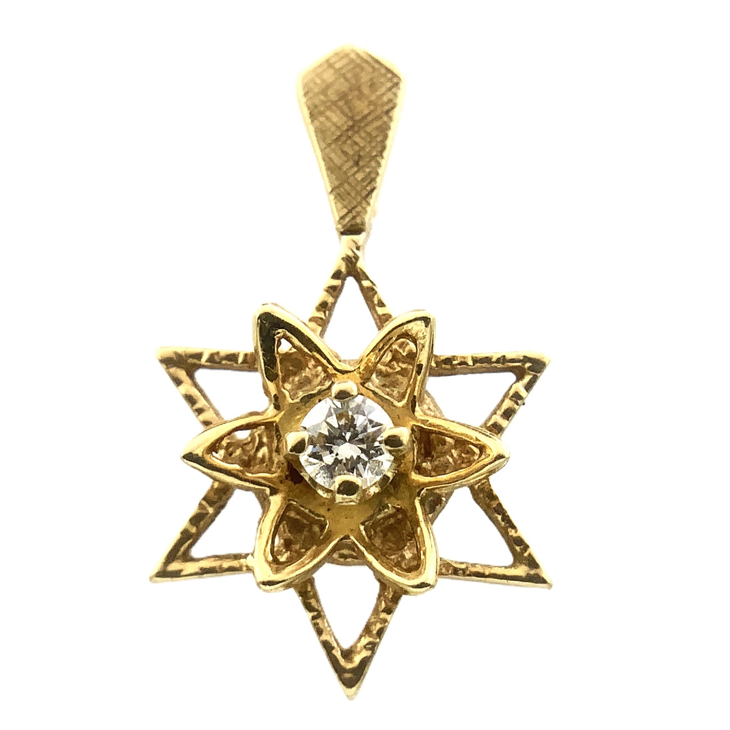 14K Yellow Gold Star of David with a Central Round .05 Carat Diamond Necklace Charm Pendant AU376