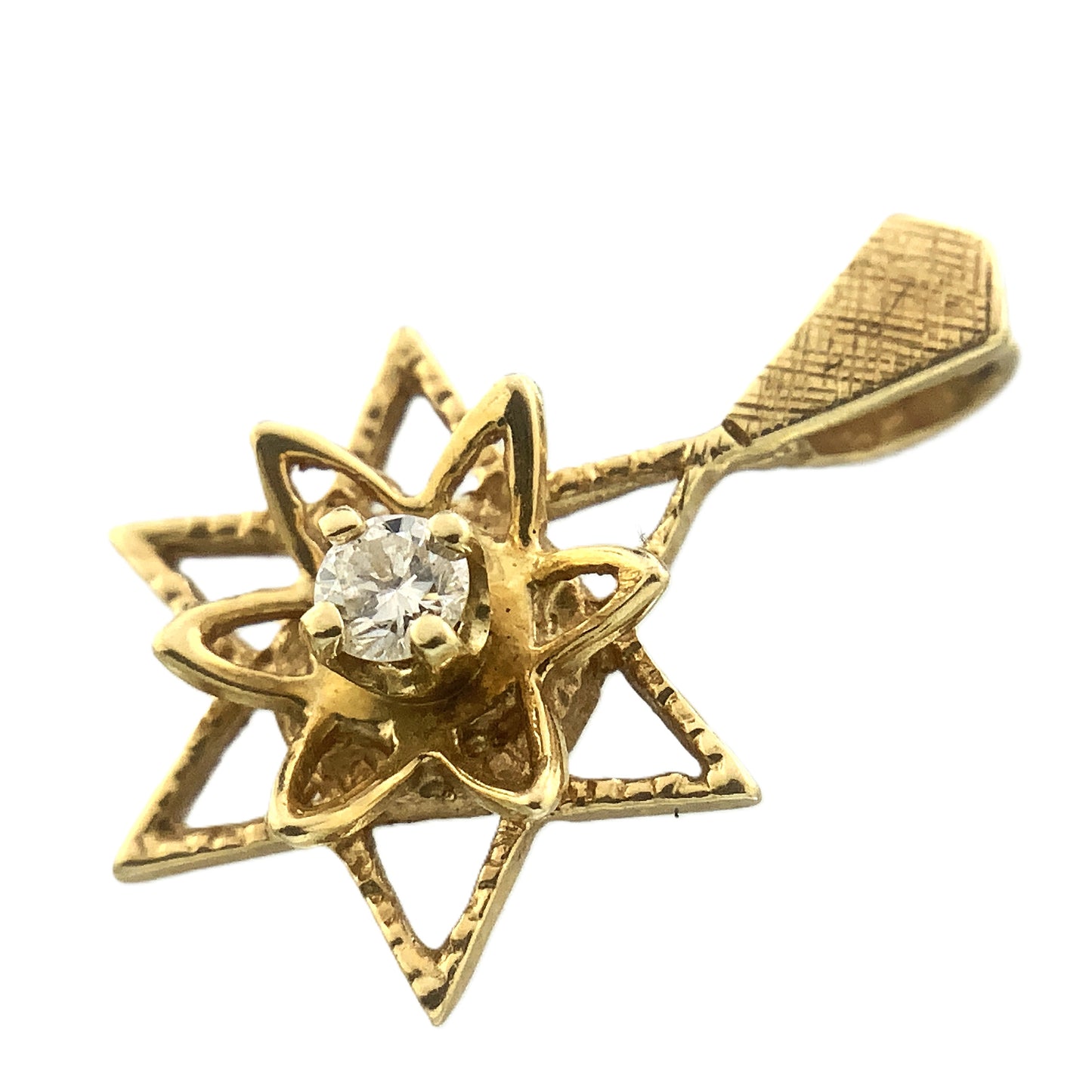 14K Yellow Gold Star of David with a Central Round .05 Carat Diamond Necklace Charm Pendant AU376