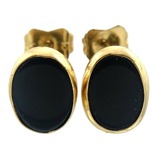 14K Yellow Gold Black Oval Onyx Stud Earrings AU378