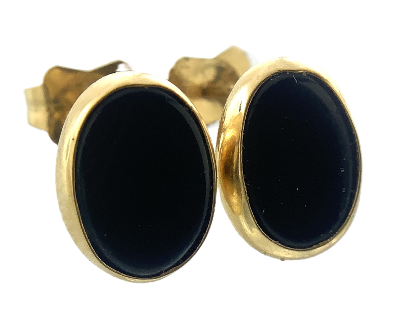 14K Yellow Gold Black Oval Onyx Stud Earrings AU378
