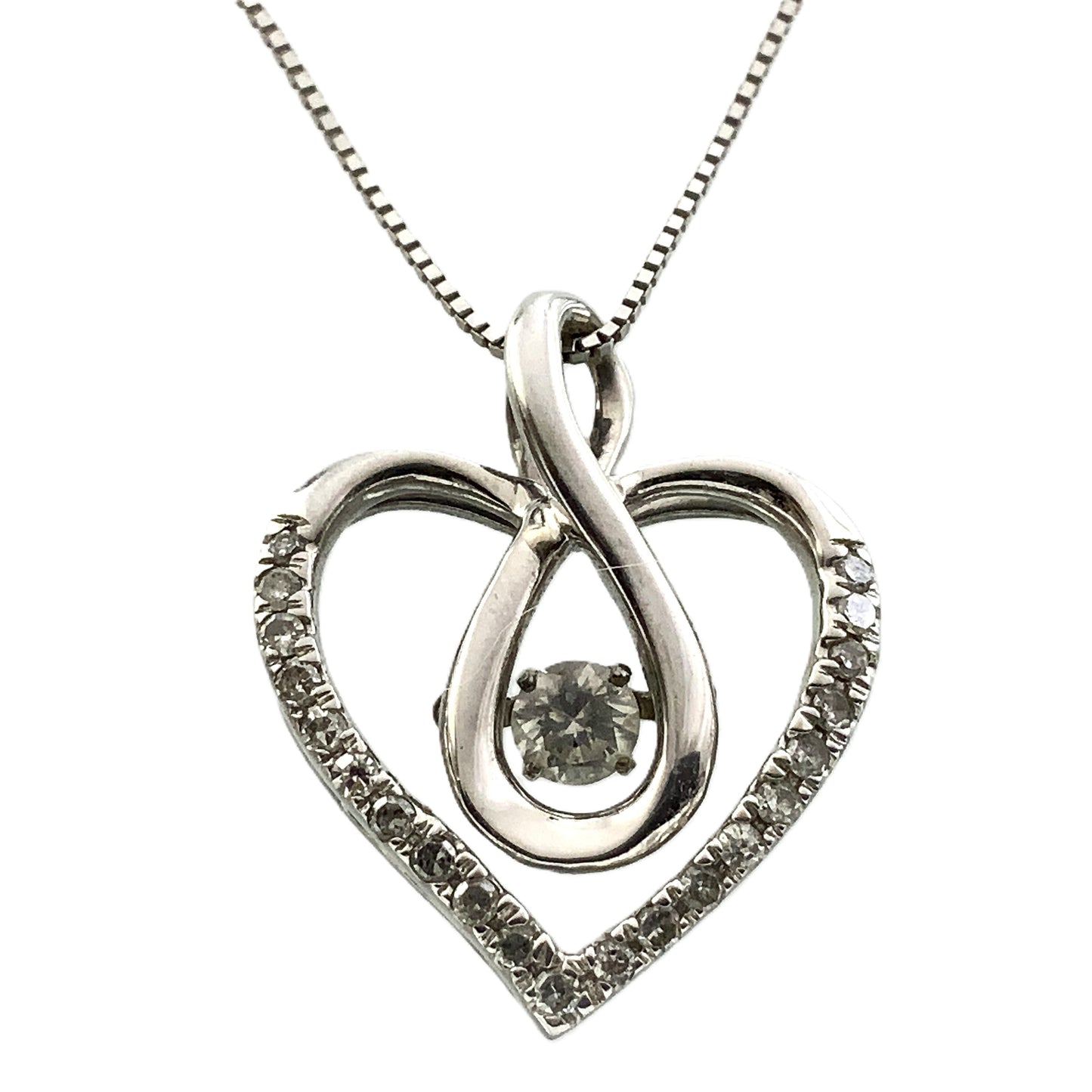 10K White Gold Box Link Chain 19in x 1mm Necklace .33 Total Carats Diamonds Infinity Loop Heart Charm Pendant AU389