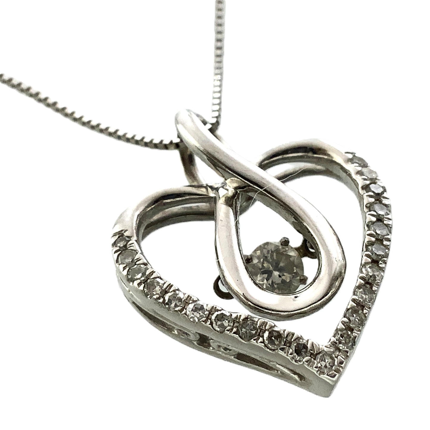 10K White Gold Box Link Chain 19in x 1mm Necklace .33 Total Carats Diamonds Infinity Loop Heart Charm Pendant AU389