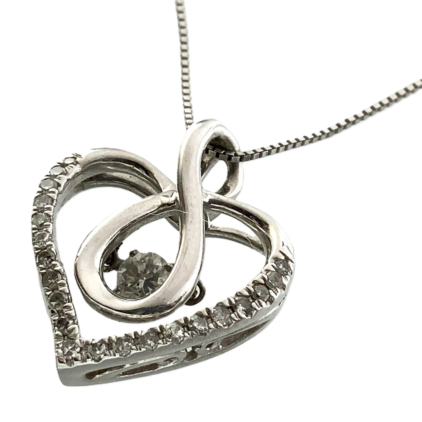 10K White Gold Box Link Chain 19in x 1mm Necklace .33 Total Carats Diamonds Infinity Loop Heart Charm Pendant AU389