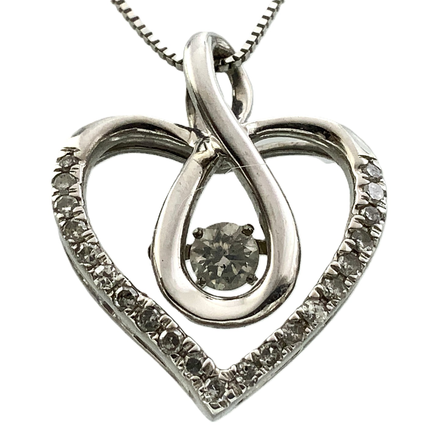 10K White Gold Box Link Chain 19in x 1mm Necklace .33 Total Carats Diamonds Infinity Loop Heart Charm Pendant AU389