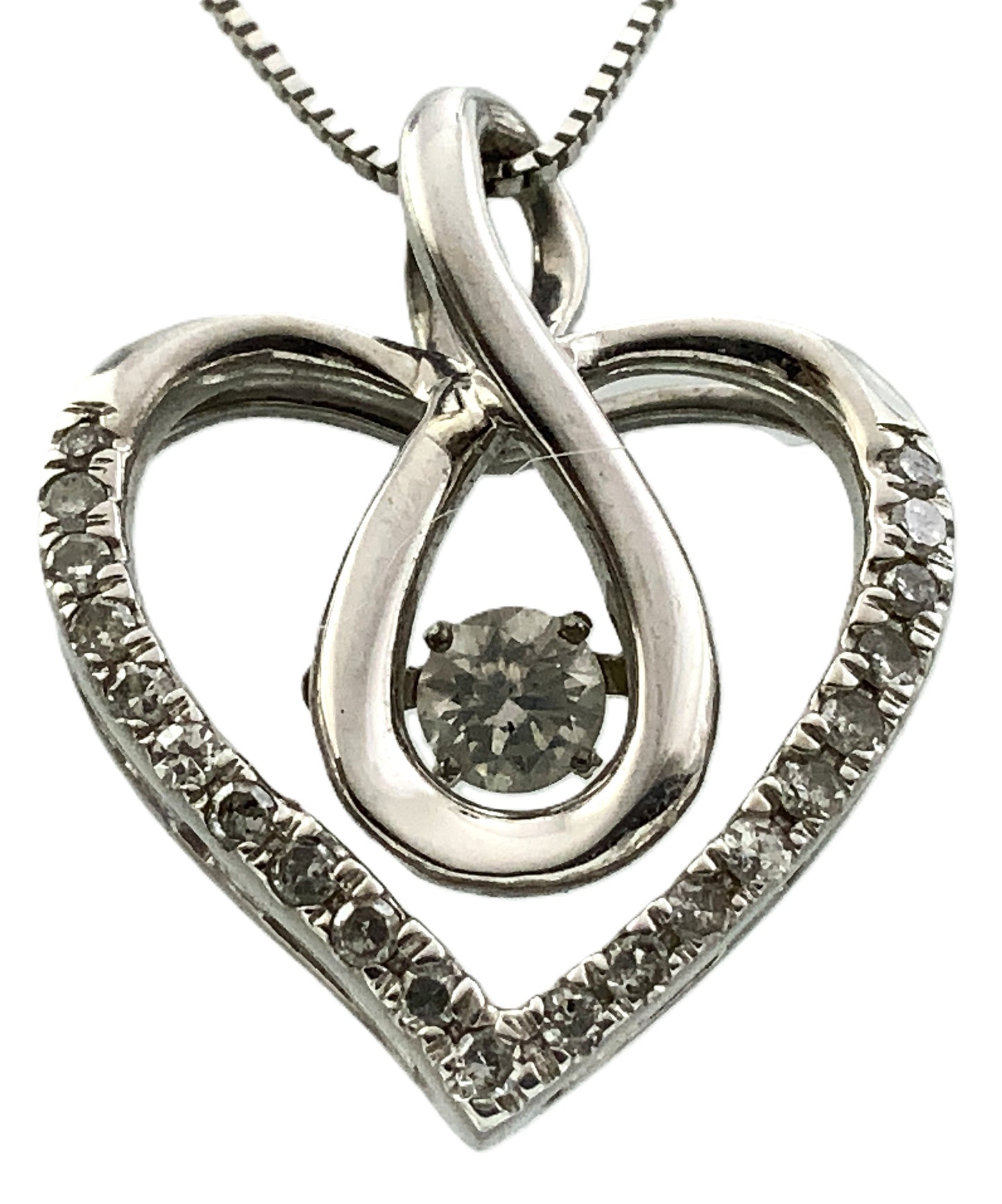 10K White Gold Box Link Chain 19in x 1mm Necklace .33 Total Carats Diamonds Infinity Loop Heart Charm Pendant AU389