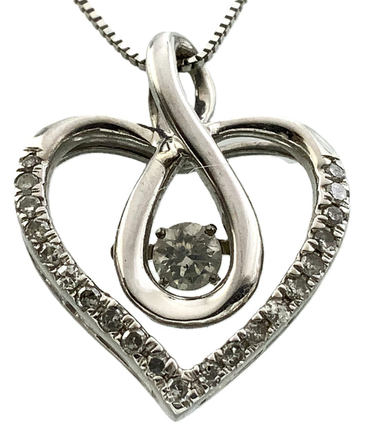 10K White Gold Box Link Chain 19in x 1mm Necklace .33 Total Carats Diamonds Infinity Loop Heart Charm Pendant AU389