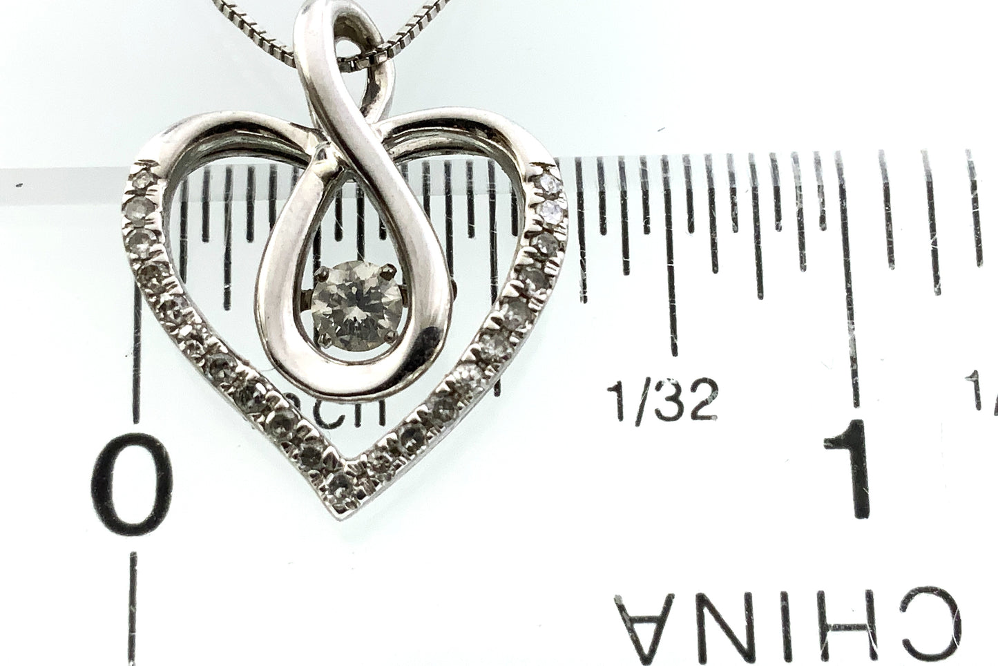 10K White Gold Box Link Chain 19in x 1mm Necklace .33 Total Carats Diamonds Infinity Loop Heart Charm Pendant AU389