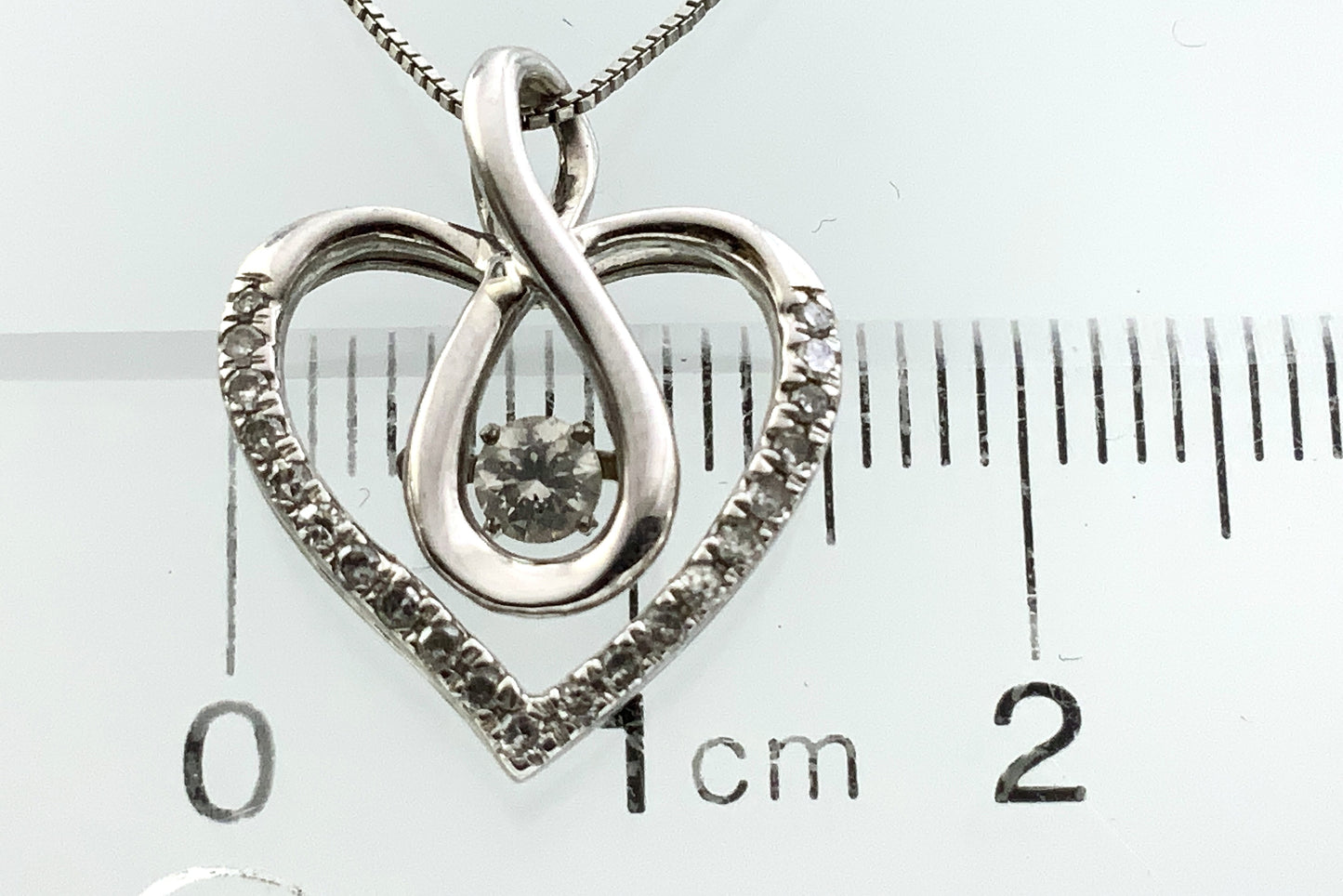 10K White Gold Box Link Chain 19in x 1mm Necklace .33 Total Carats Diamonds Infinity Loop Heart Charm Pendant AU389