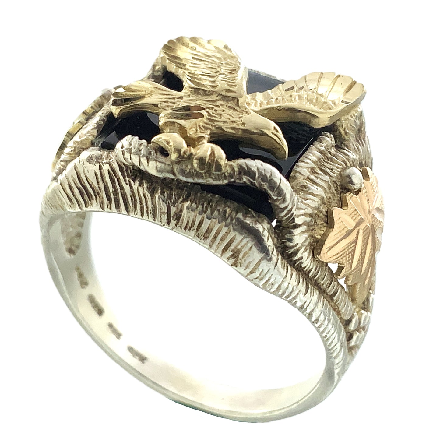 10K Gold Eagle Atop Black Onyx and 12K Leaves Silver 925 Size 10.5 Men's Ring AU392