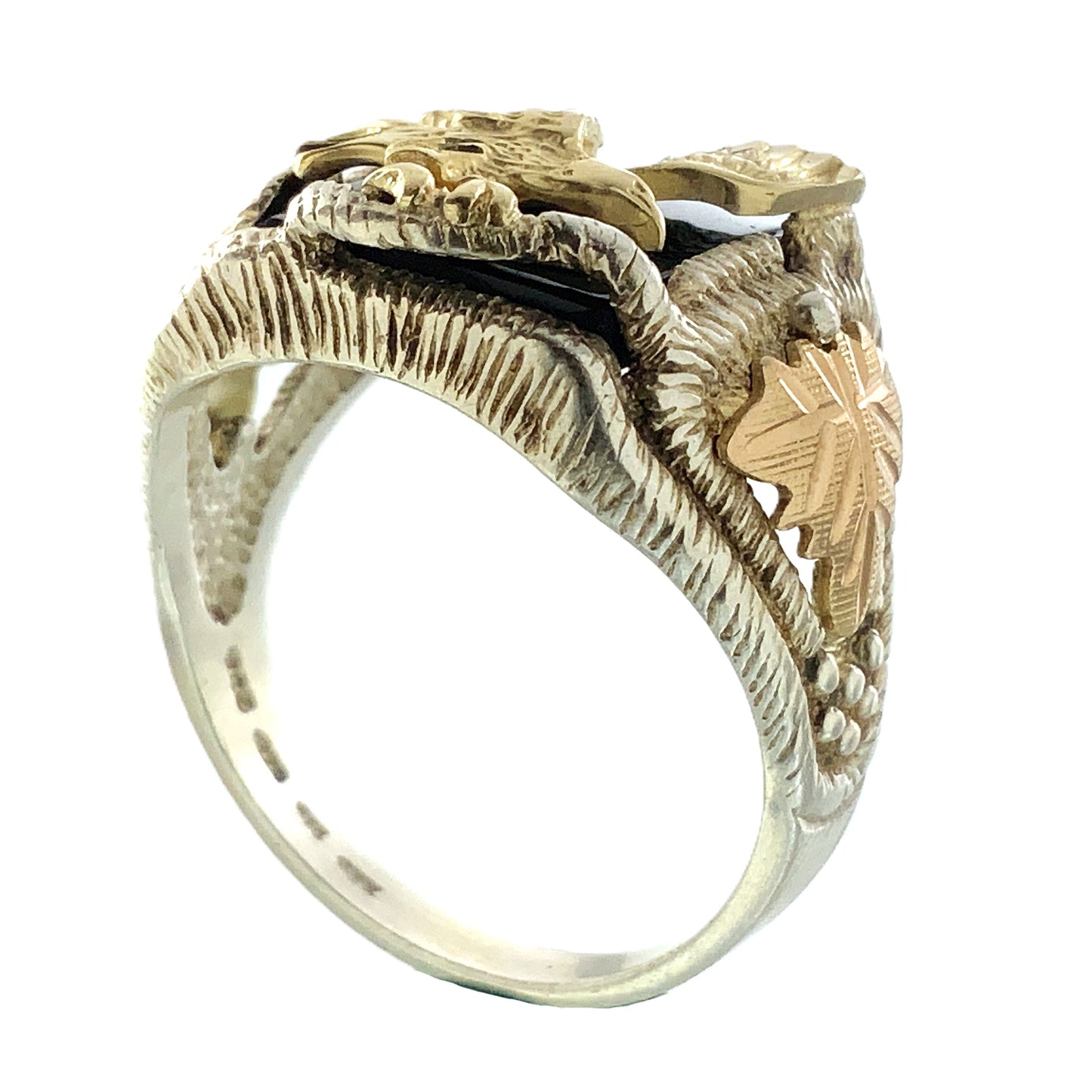 10K Gold Eagle Atop Black Onyx and 12K Leaves Silver 925 Size 10.5 Men's Ring AU392