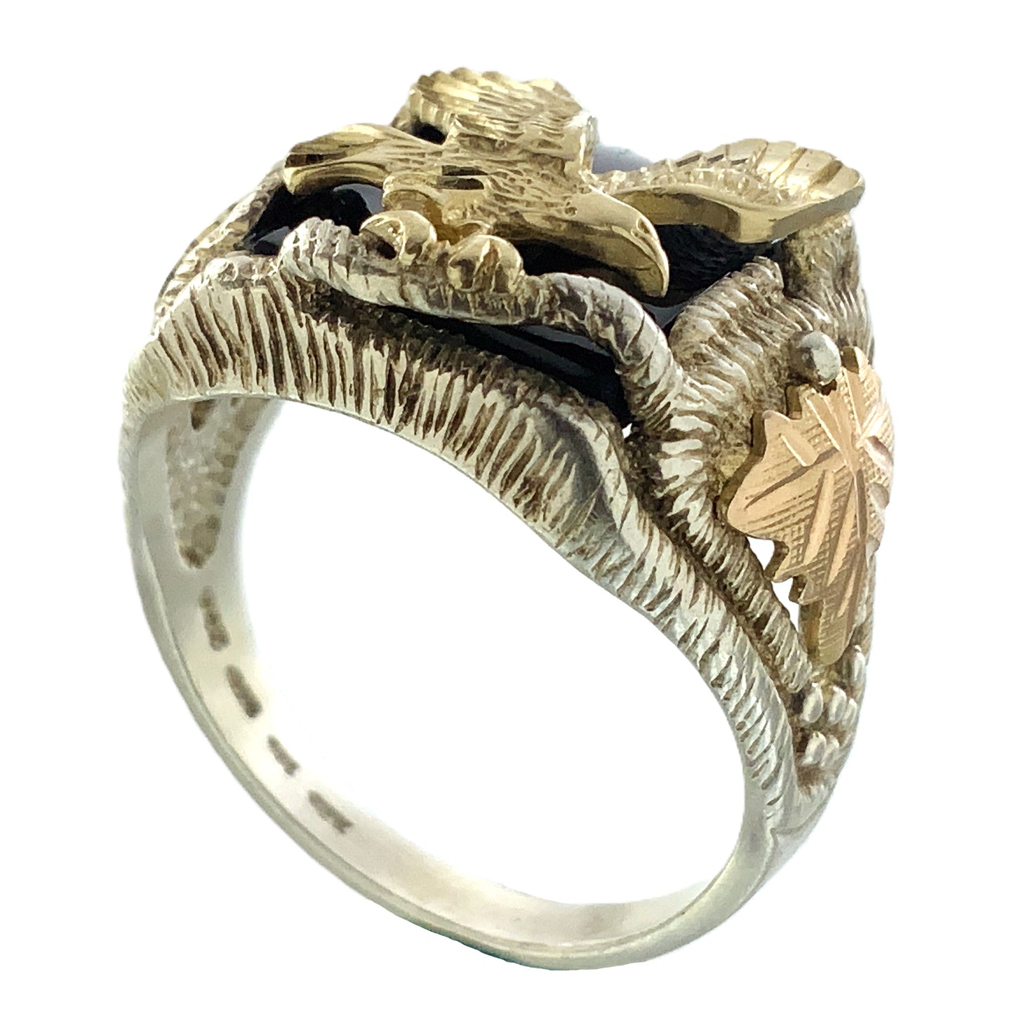 10K Gold Eagle Atop Black Onyx and 12K Leaves Silver 925 Size 10.5 Men's Ring AU392