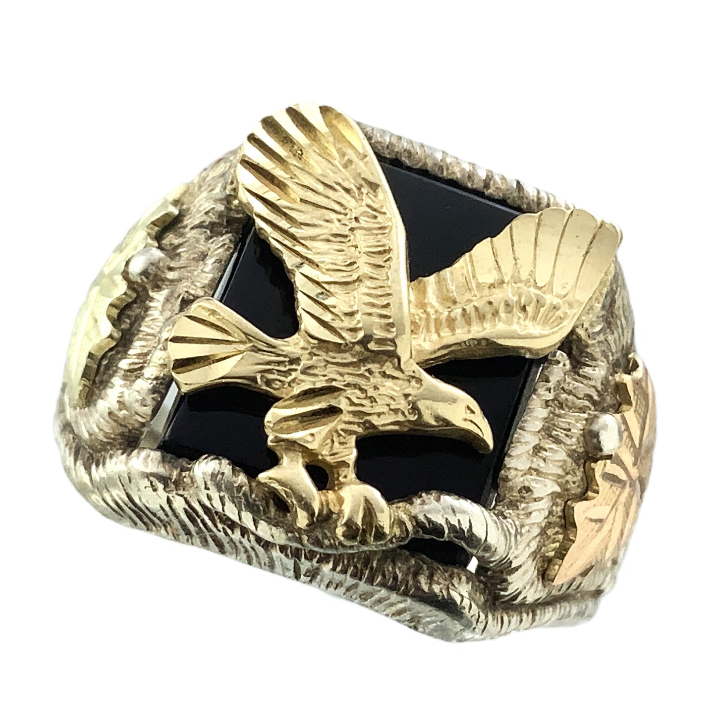 10K Gold Eagle Atop Black Onyx and 12K Leaves Silver 925 Size 10.5 Men's Ring AU392