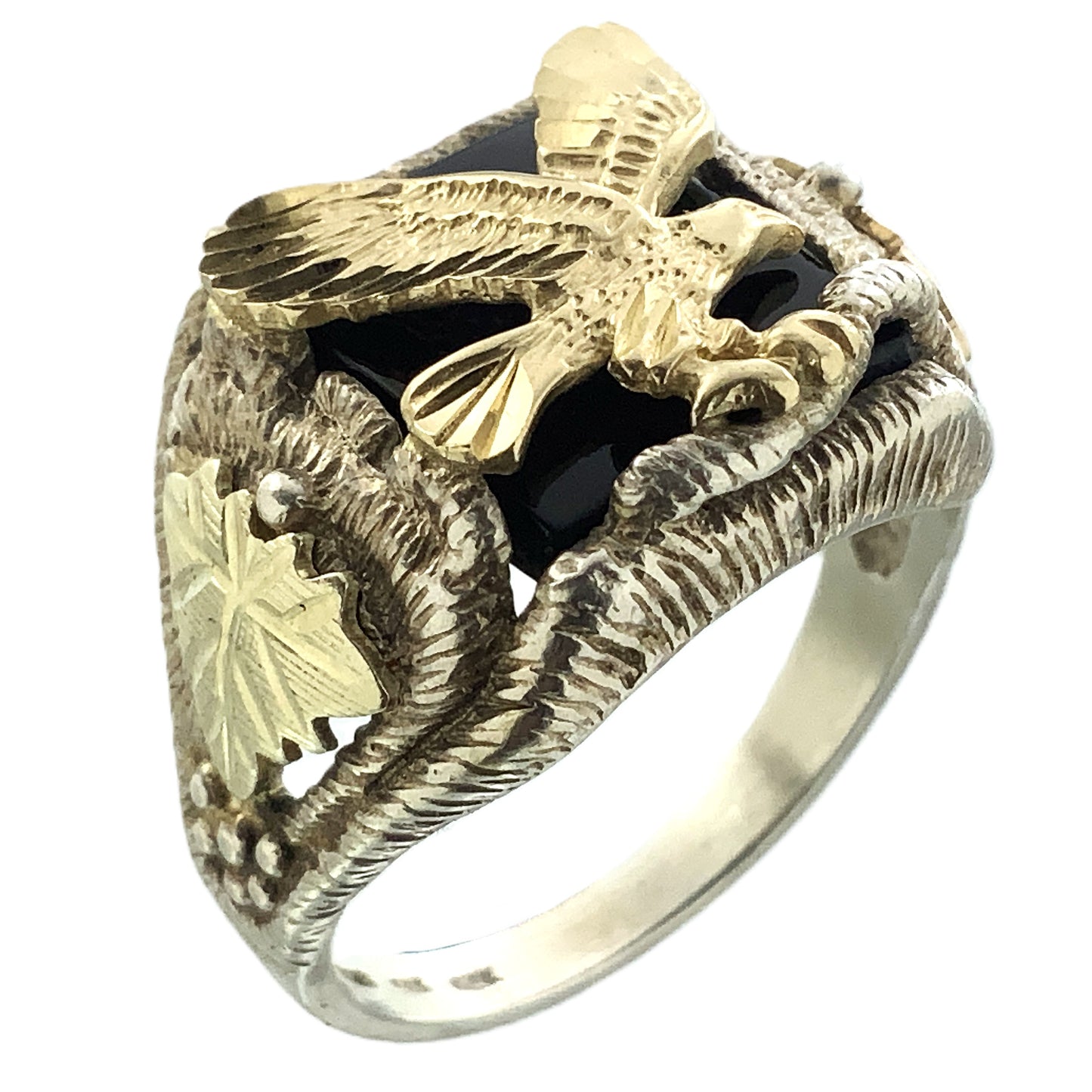 10K Gold Eagle Atop Black Onyx and 12K Leaves Silver 925 Size 10.5 Men's Ring AU392