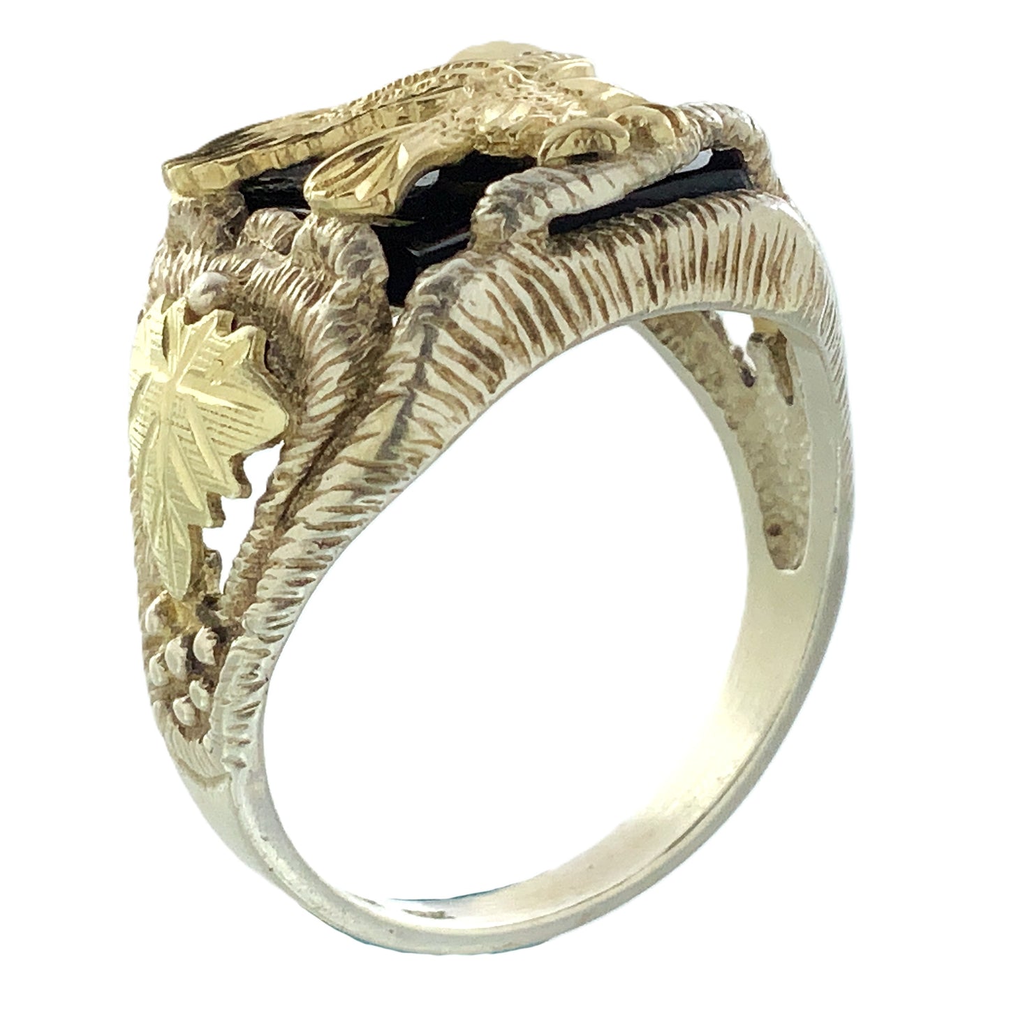 10K Gold Eagle Atop Black Onyx and 12K Leaves Silver 925 Size 10.5 Men's Ring AU392
