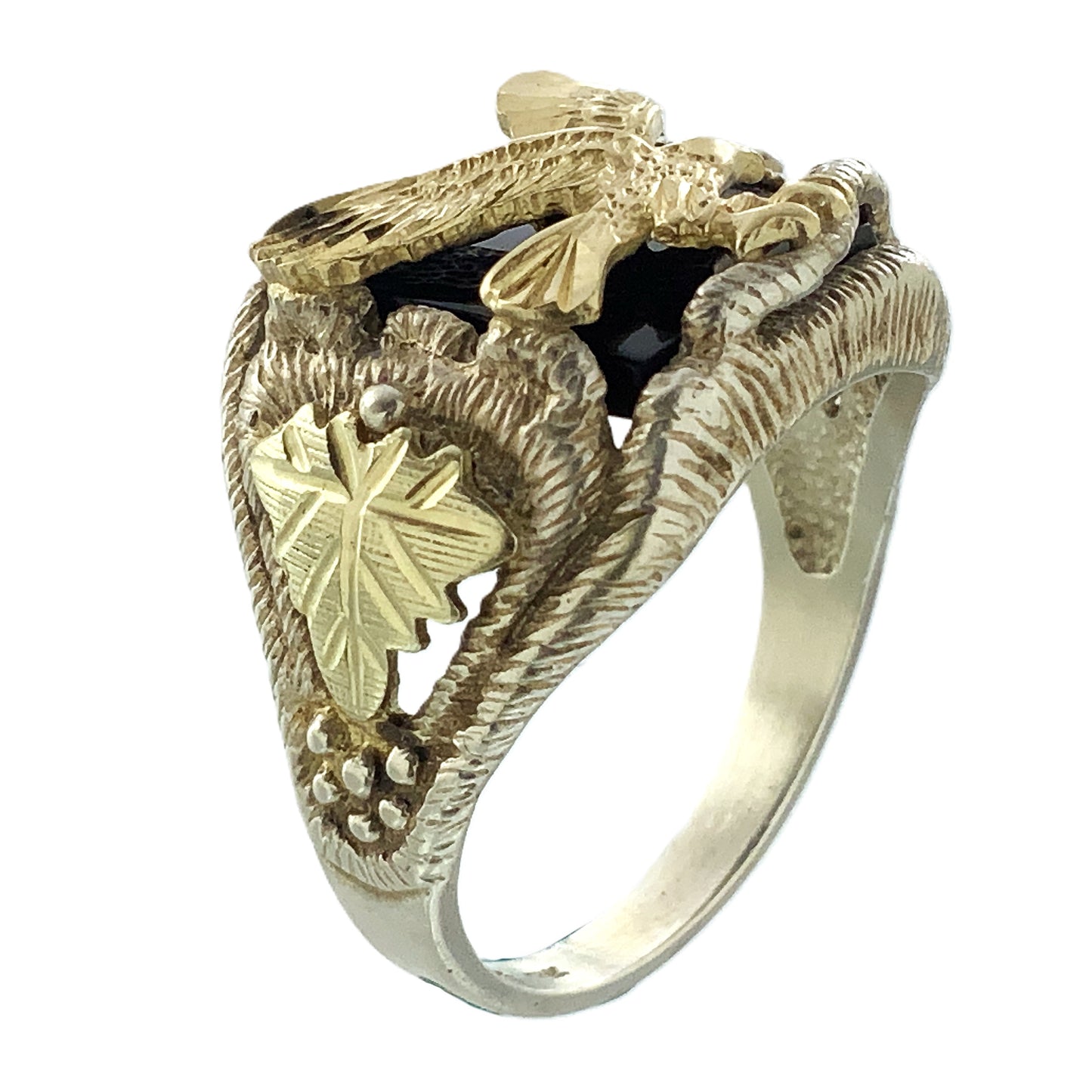 10K Gold Eagle Atop Black Onyx and 12K Leaves Silver 925 Size 10.5 Men's Ring AU392