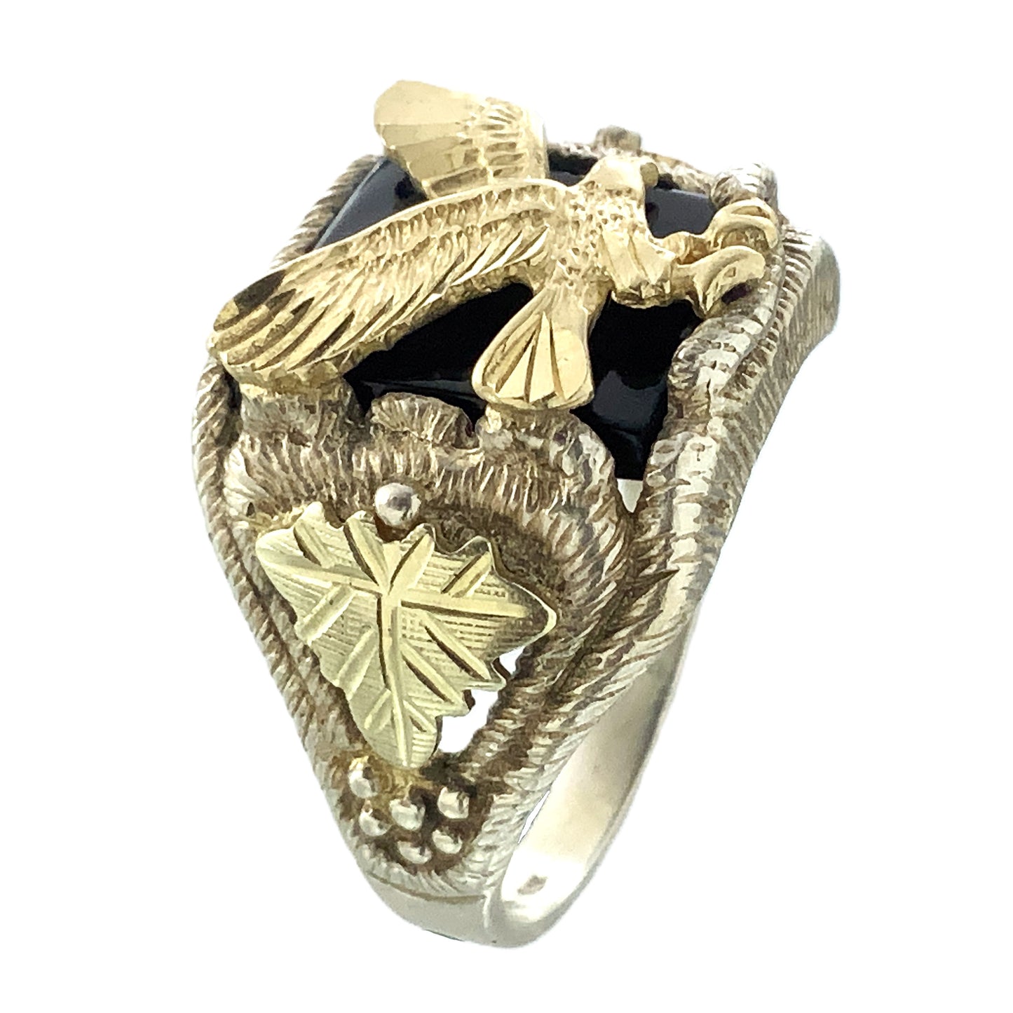 10K Gold Eagle Atop Black Onyx and 12K Leaves Silver 925 Size 10.5 Men's Ring AU392