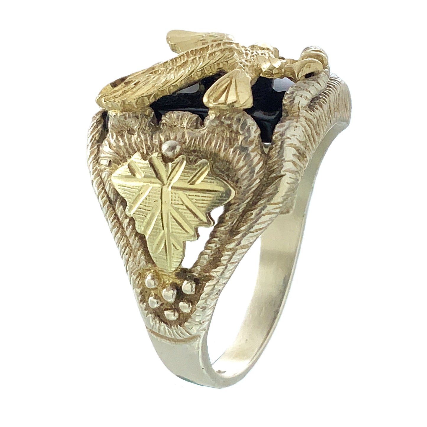 10K Gold Eagle Atop Black Onyx and 12K Leaves Silver 925 Size 10.5 Men's Ring AU392